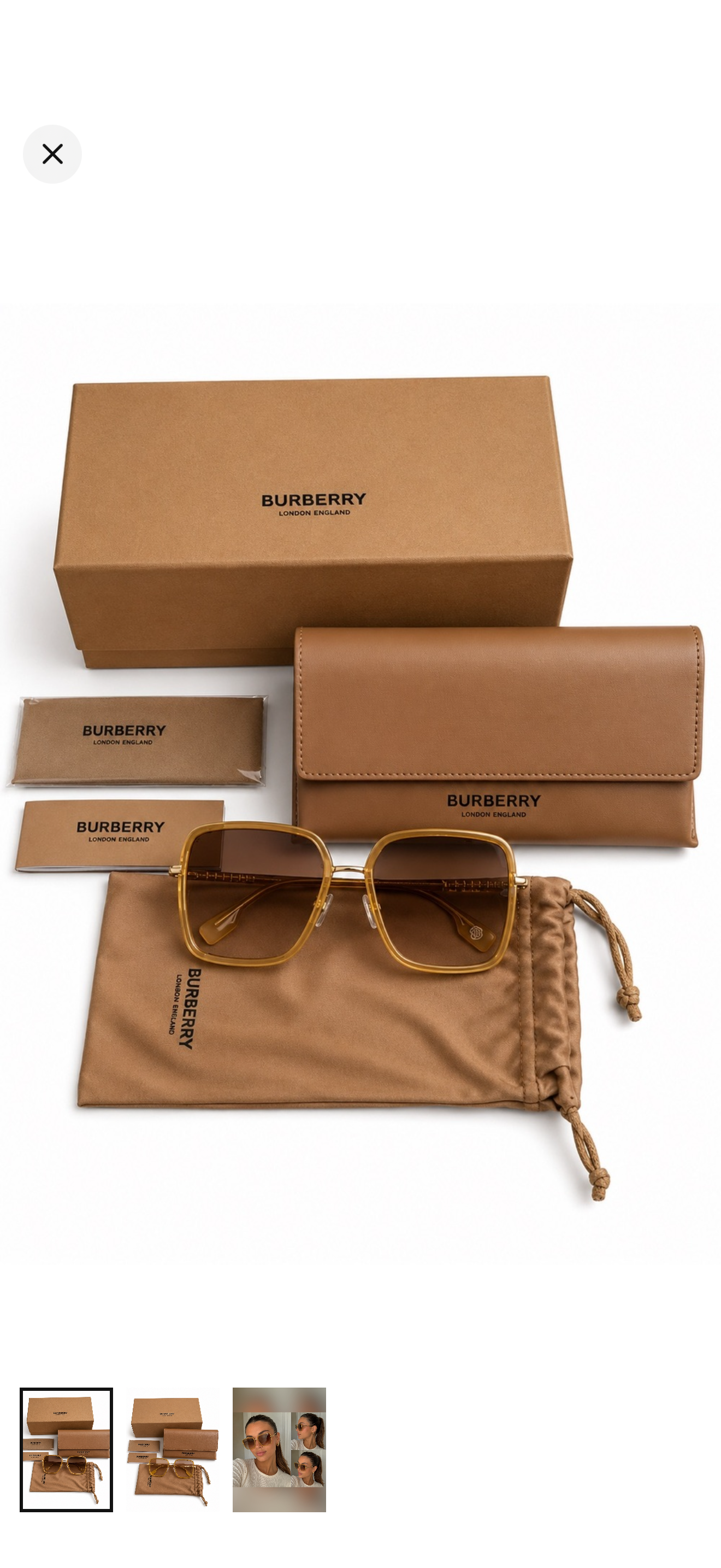 NWOT Burberry Amber Tan Square Sunglasses with Matching Tan Accessories