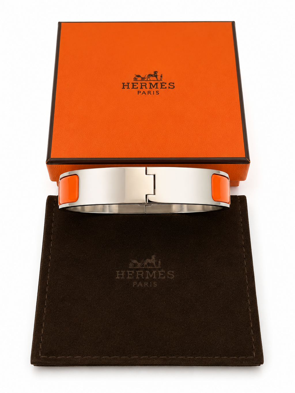 Hermès Clic H Bracelet PM Orange Enamel Palladium Plated with Box & Pouch