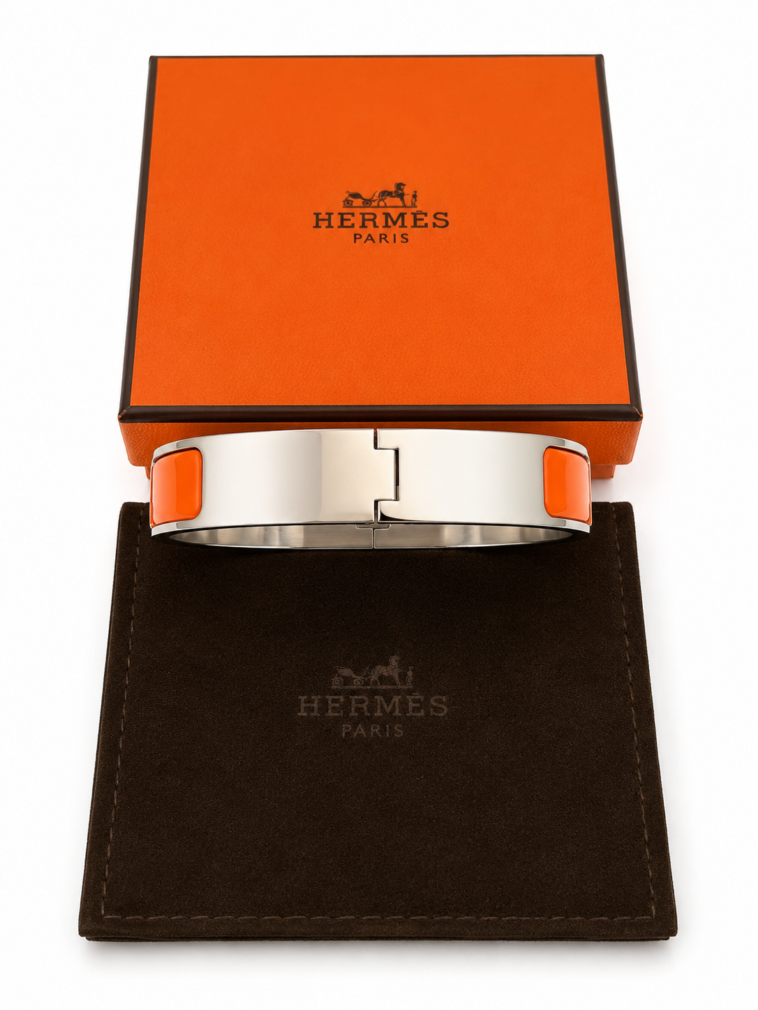 Hermès Clic H Bracelet PM Orange Enamel Palladium Plated with Box & Pouch