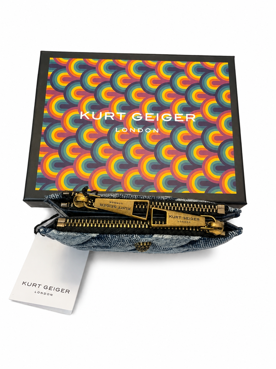 NWT Kurt Geiger London Denim Patchwork Zip Around Card Holder Wallet w/ Box
