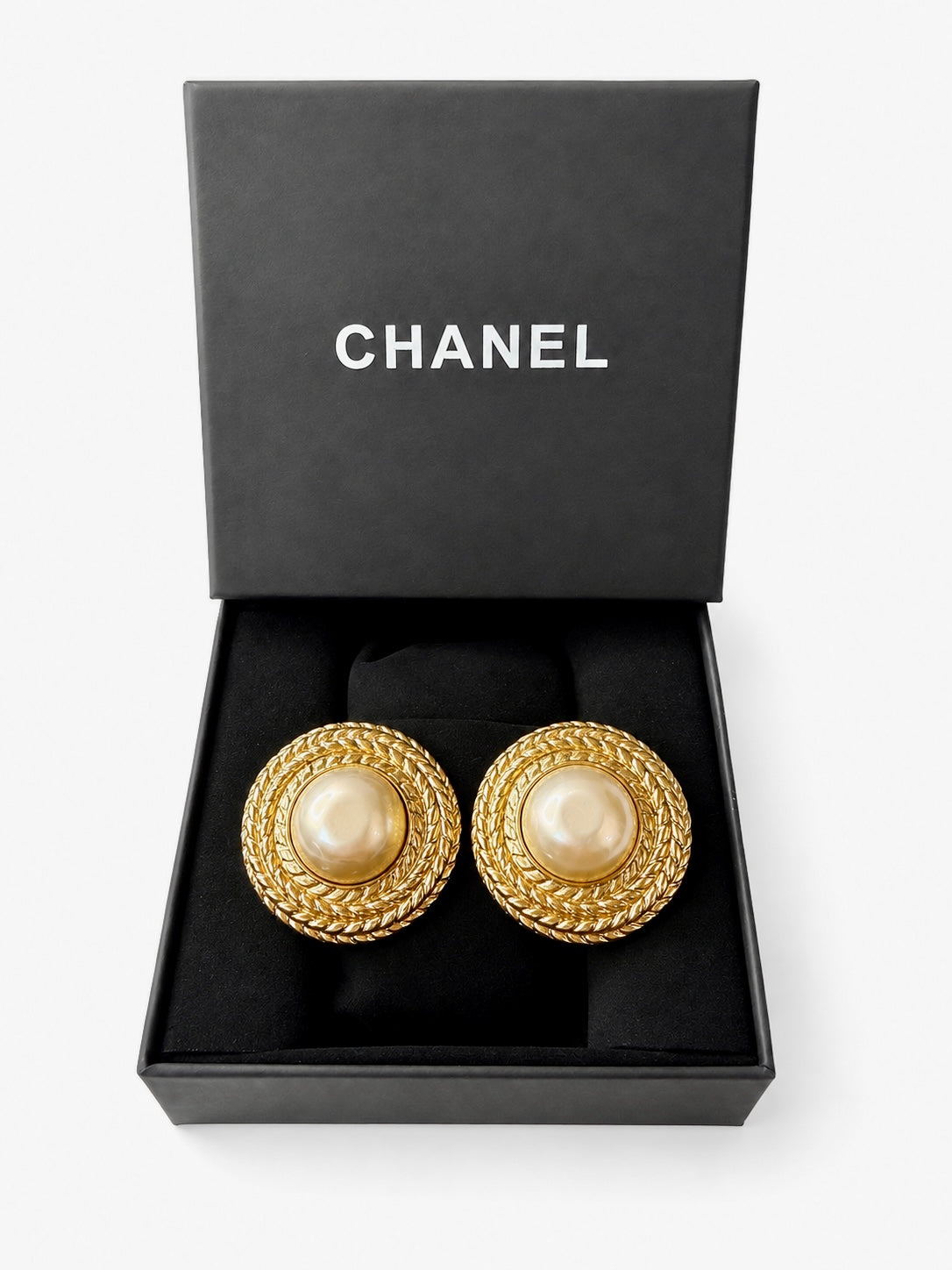 Vintage CHANEL CC Faux Pearl Rope Clip-On Earrings Gold Tone Made in France