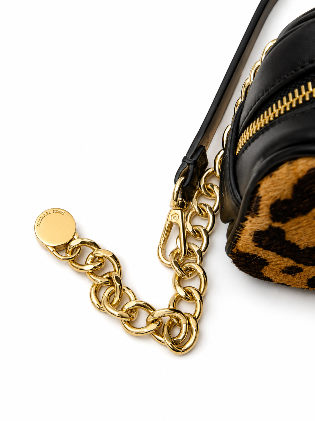 Michael Kors Leopard Calf Hair Belt Bag Waist Pack Crossbody Black Gold Chain