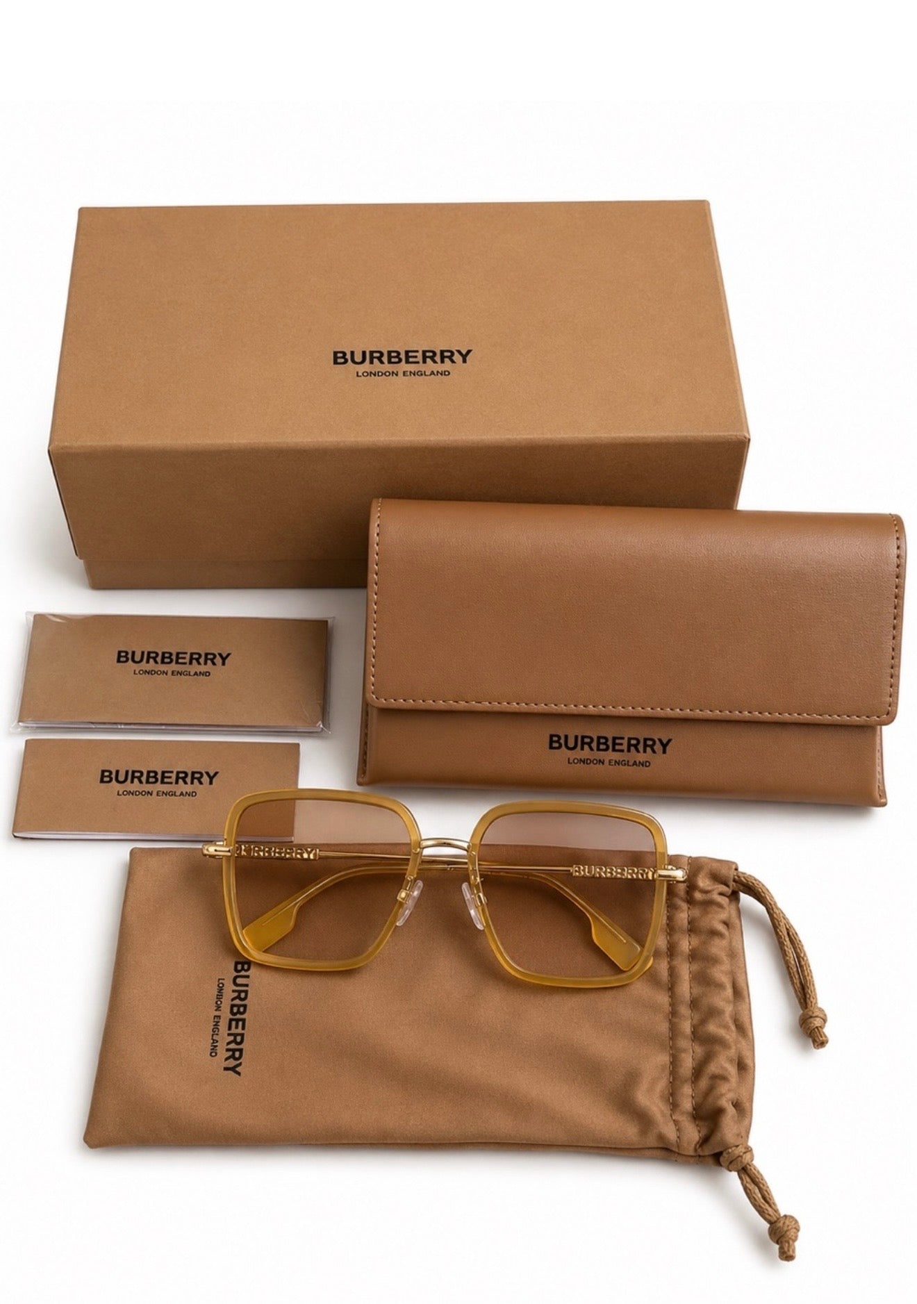 NWOT Burberry Amber Tan Square Sunglasses with Matching Tan Accessories