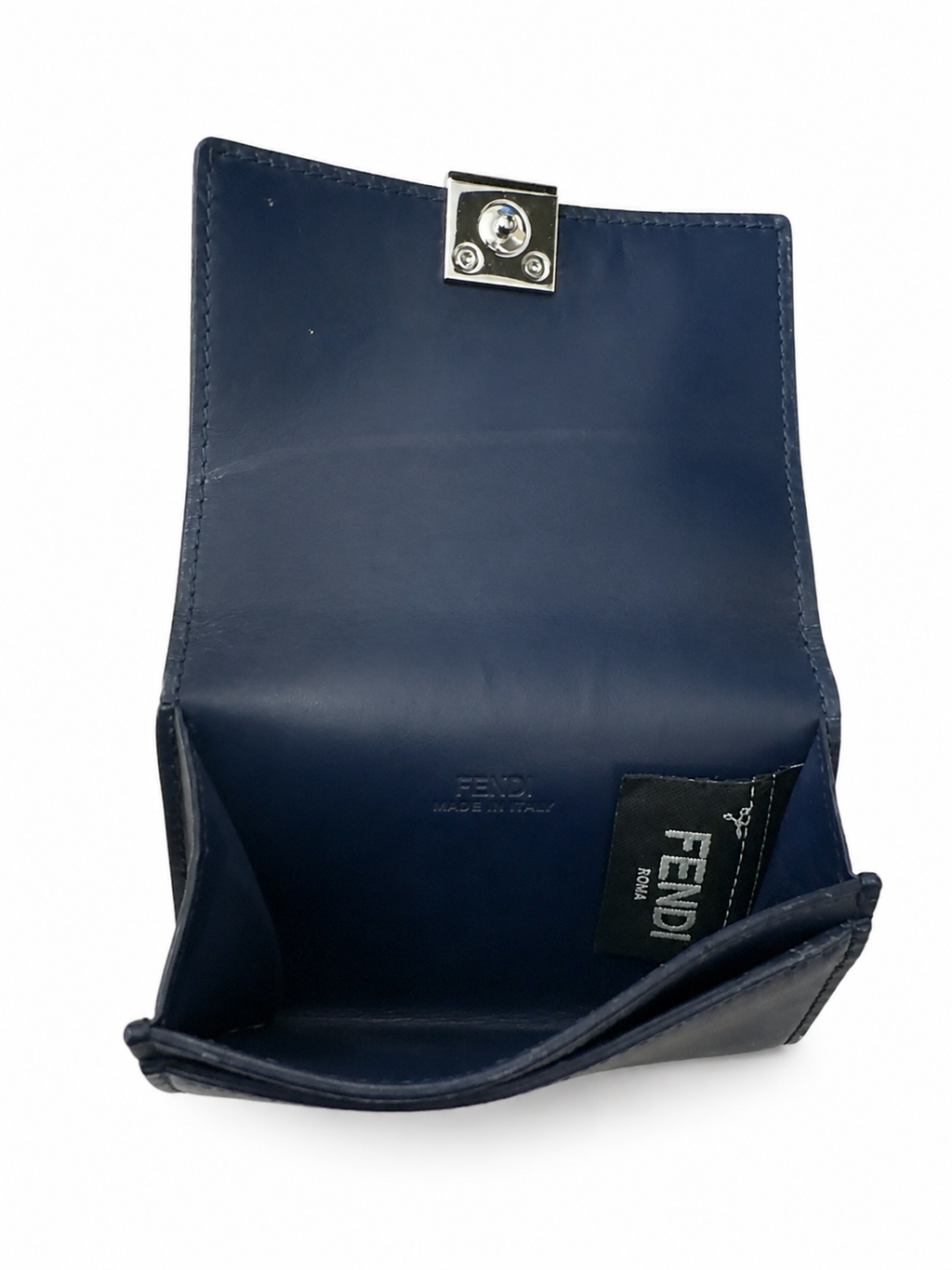 Authentic Fendi Kan I Compact Wallet Navy Blue Leather | Box
