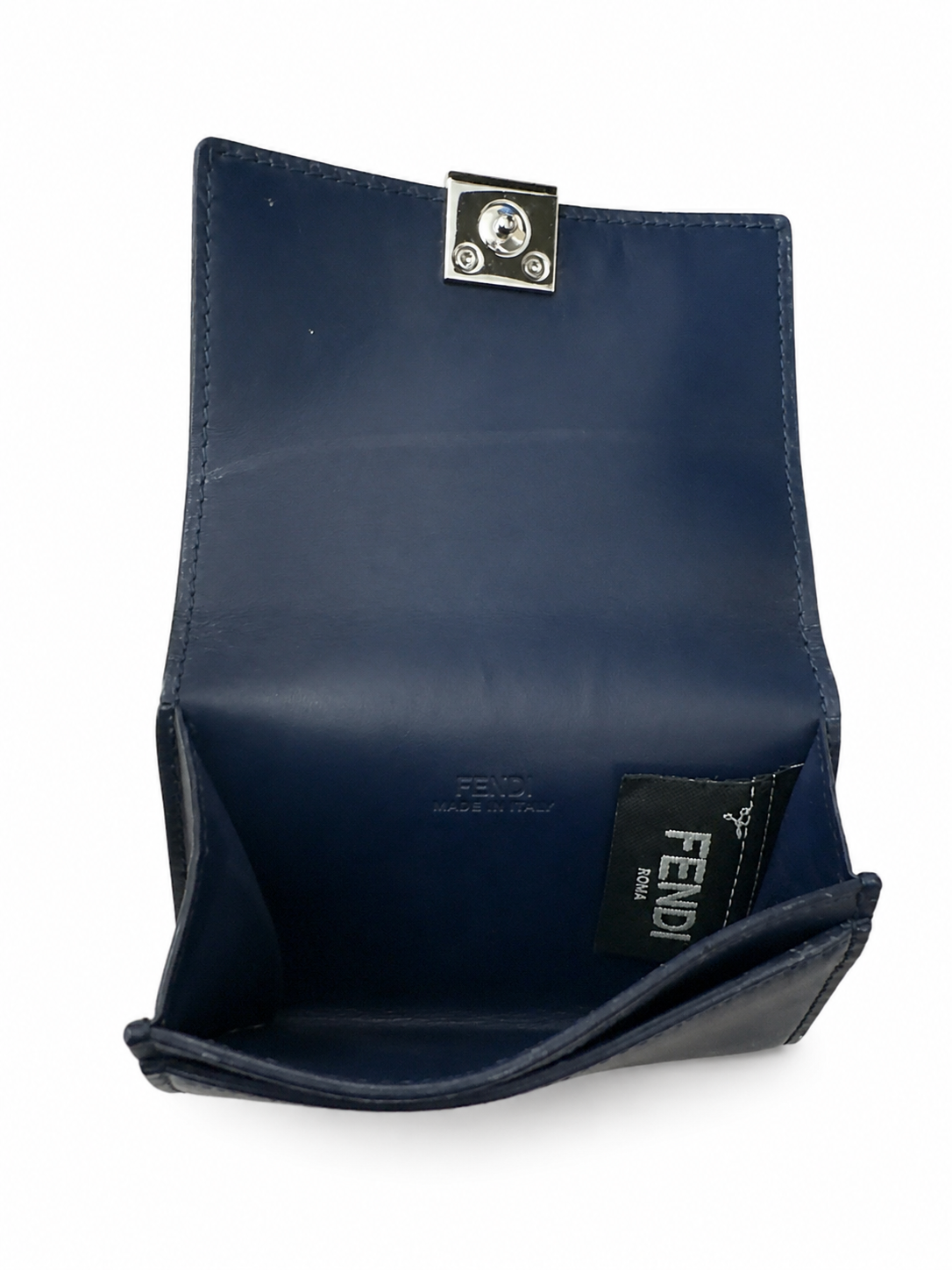 Authentic Fendi Kan I Compact Wallet Navy Blue Leather | Box