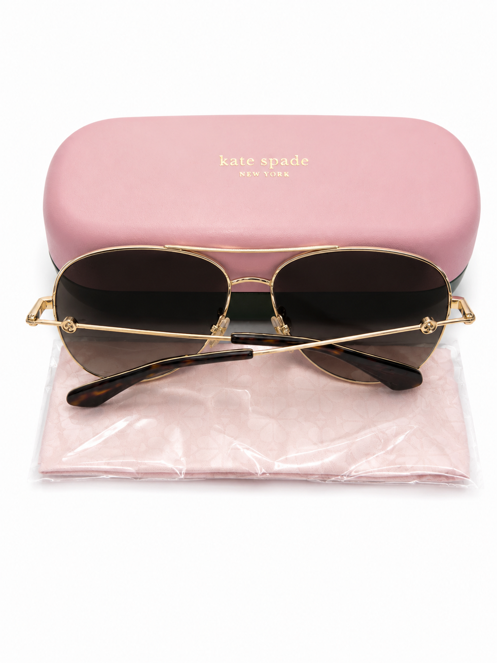kate spade Gold-Tone Aviator Sunglasses with Dark Smoke Lenses and Pink Case