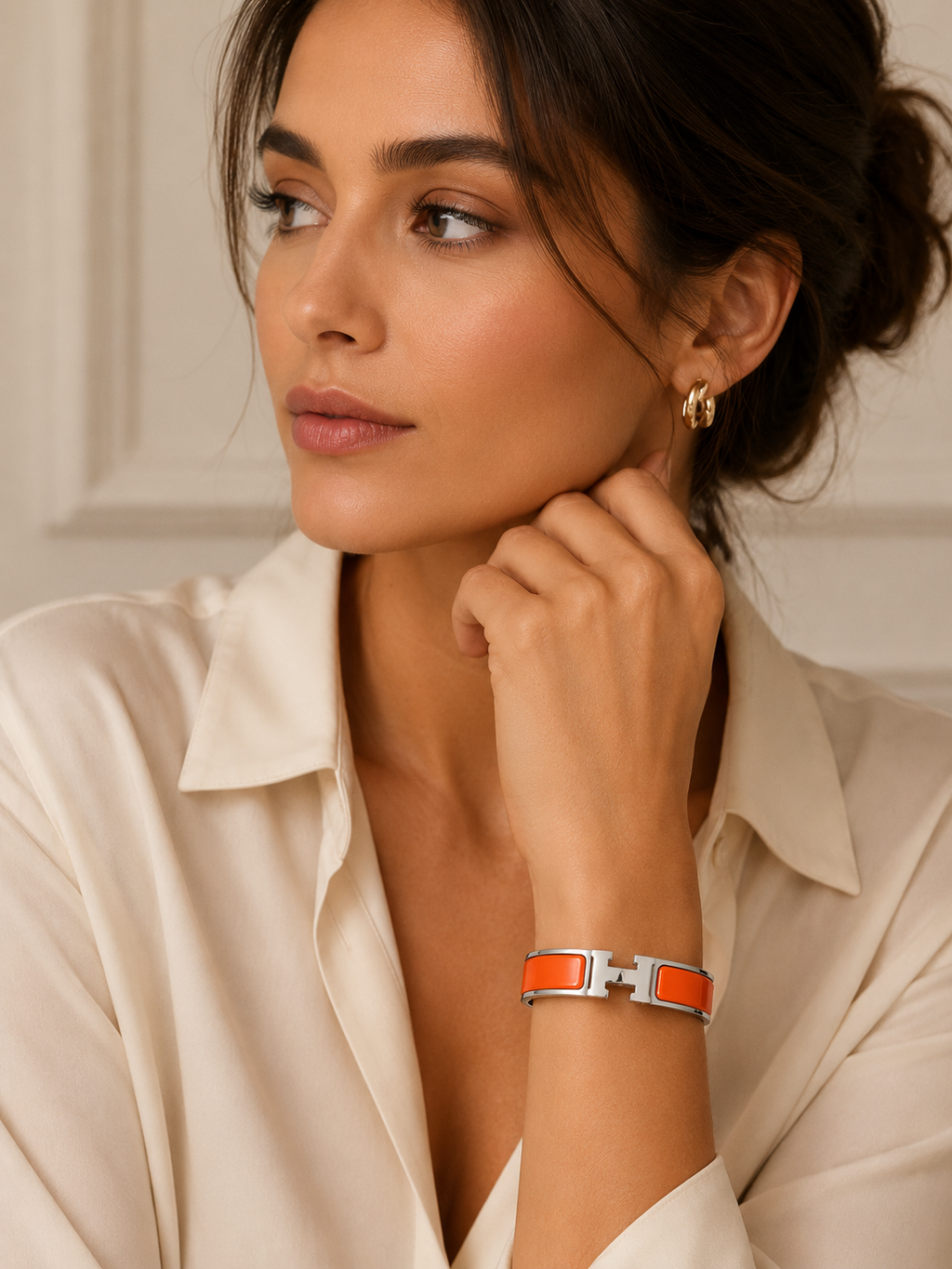 Hermès Clic H Bracelet PM Orange Enamel Palladium Plated with Box & Pouch