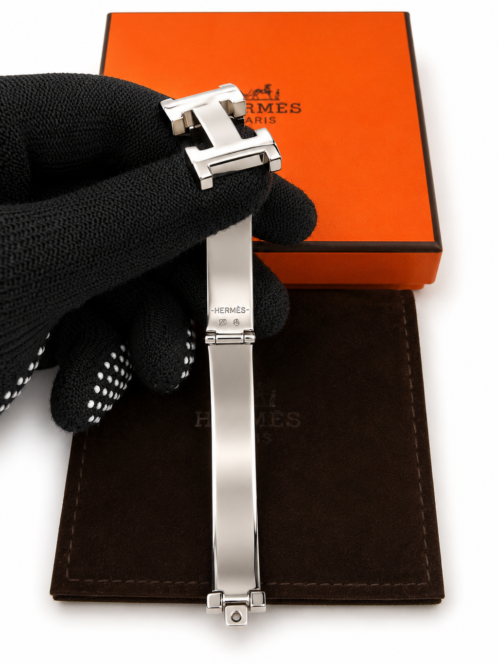 Hermès Clic H Bracelet PM Orange Enamel Palladium Plated with Box & Pouch