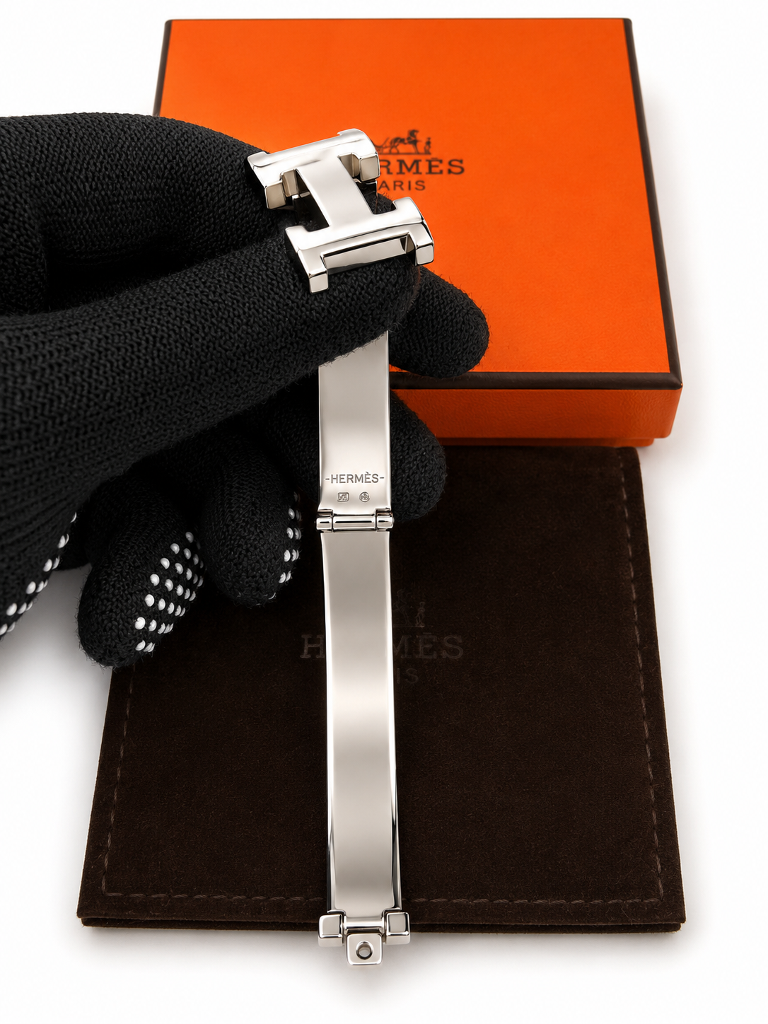 Hermès Clic H Bracelet PM Orange Enamel Palladium Plated with Box & Pouch