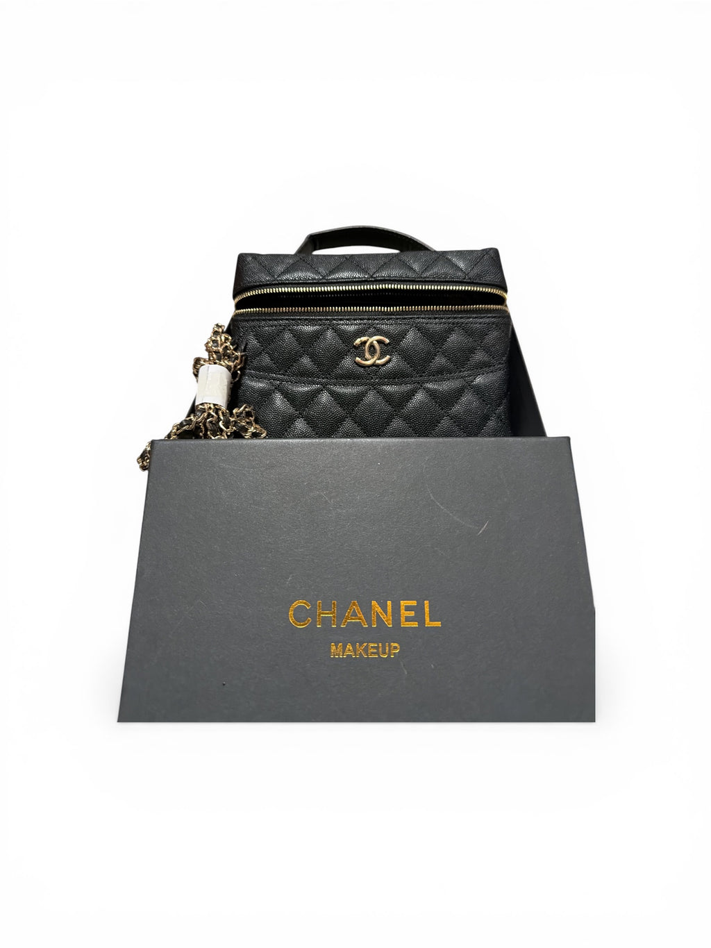 CHANEL Beauty Black Quilted Leather Crossbody with Gold Chain and CC Logo