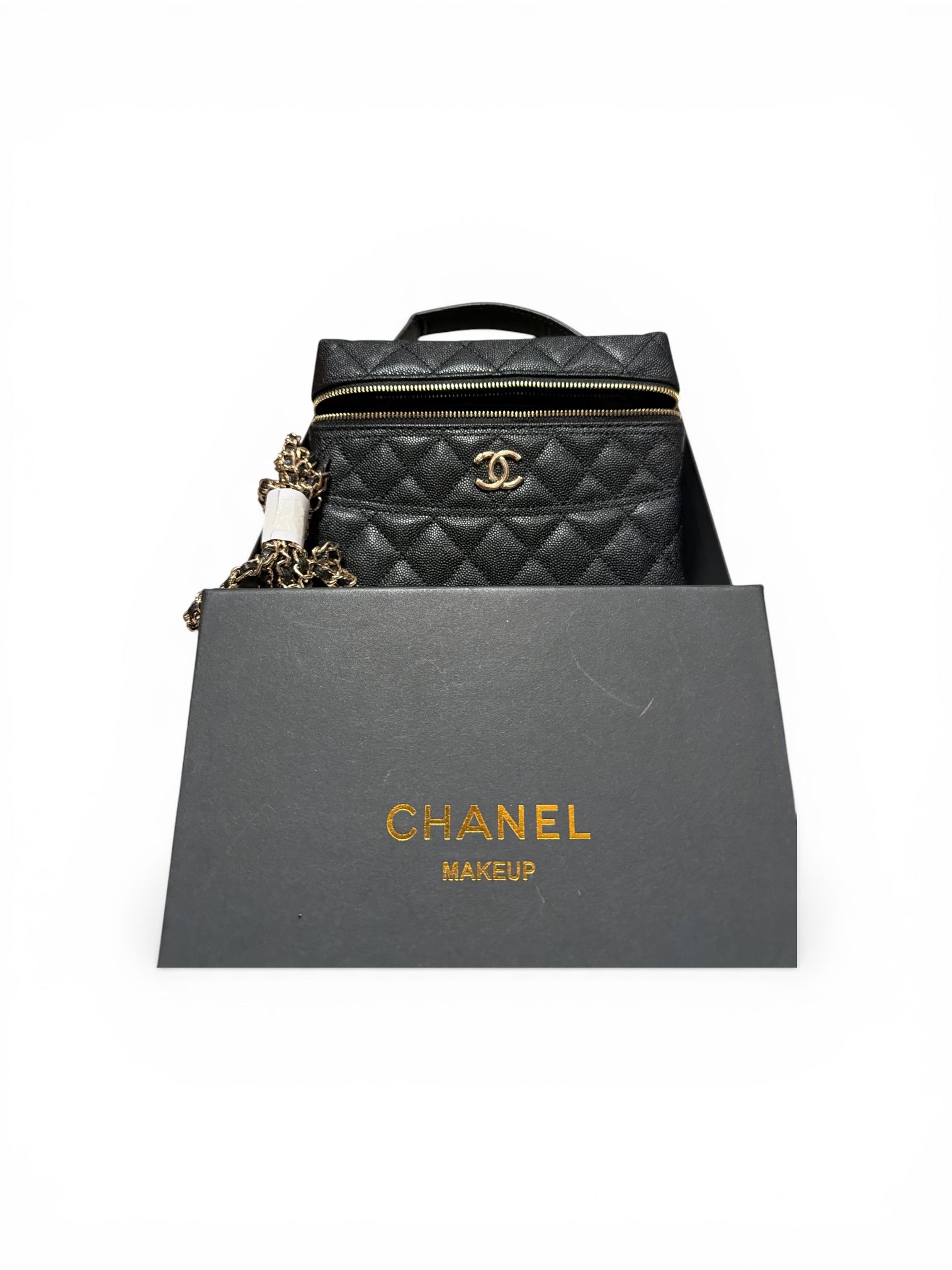 CHANEL Beauty Black Quilted Leather Crossbody with Gold Chain and CC Logo