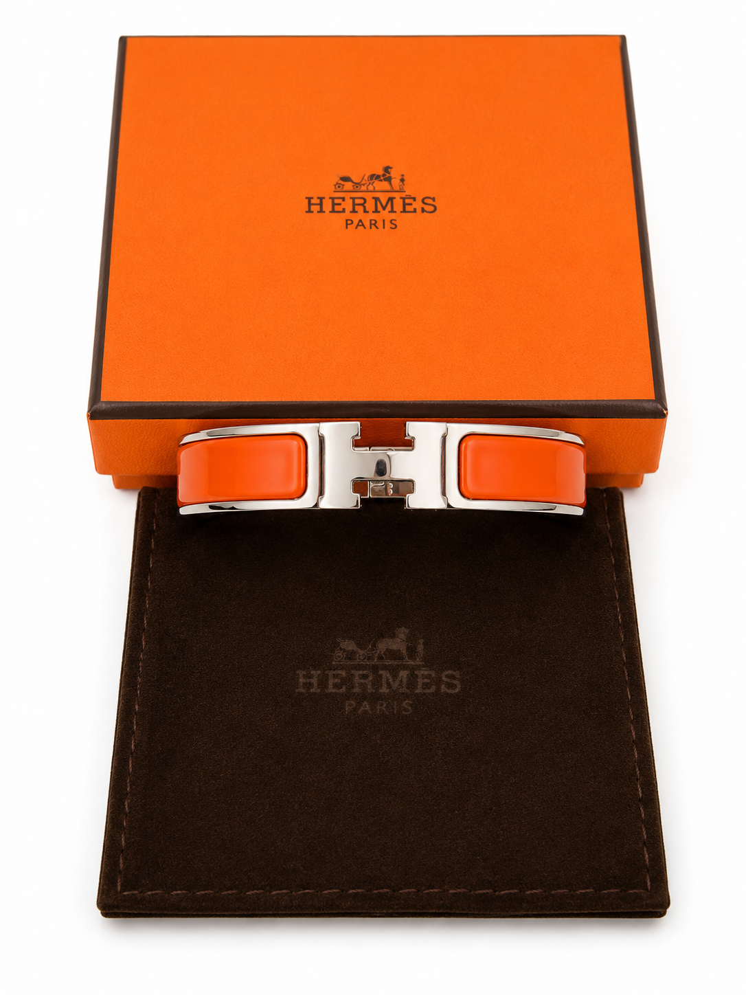 Hermès Clic H Bracelet PM Orange Enamel Palladium Plated with Box & Pouch