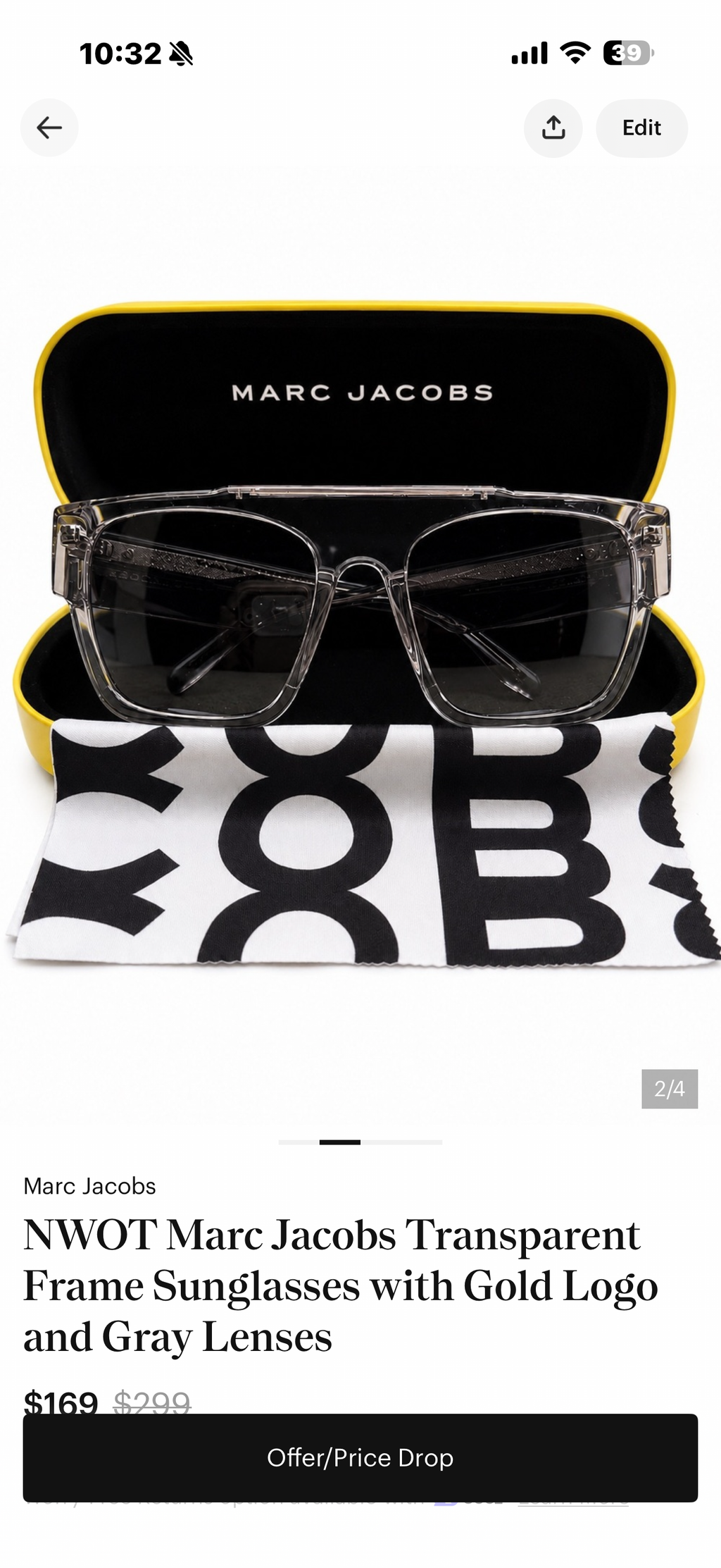 NWOT Marc Jacobs Transparent Frame Sunglasses with Gold Logo and Gray Lenses