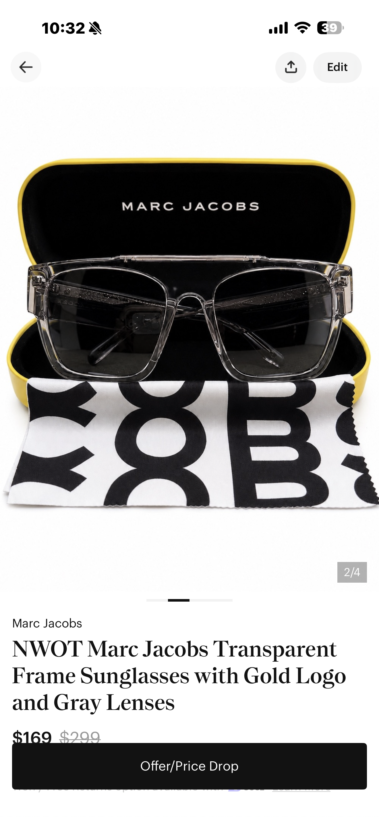 NWOT Marc Jacobs Transparent Frame Sunglasses with Gold Logo and Gray Lenses
