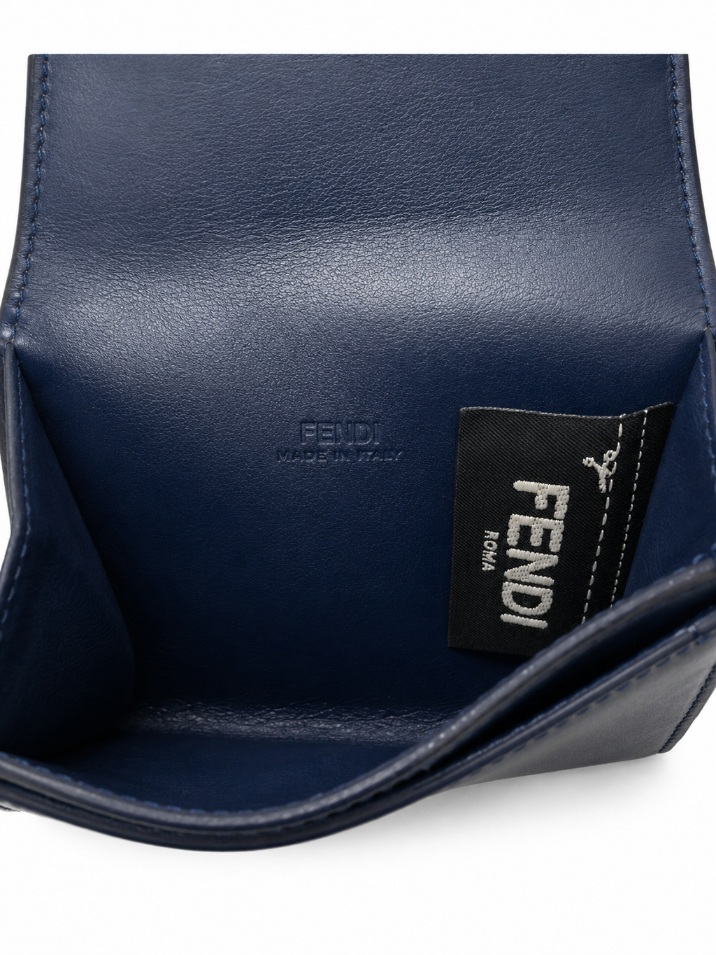 Authentic Fendi Kan I Compact Wallet Navy Blue Leather | Box