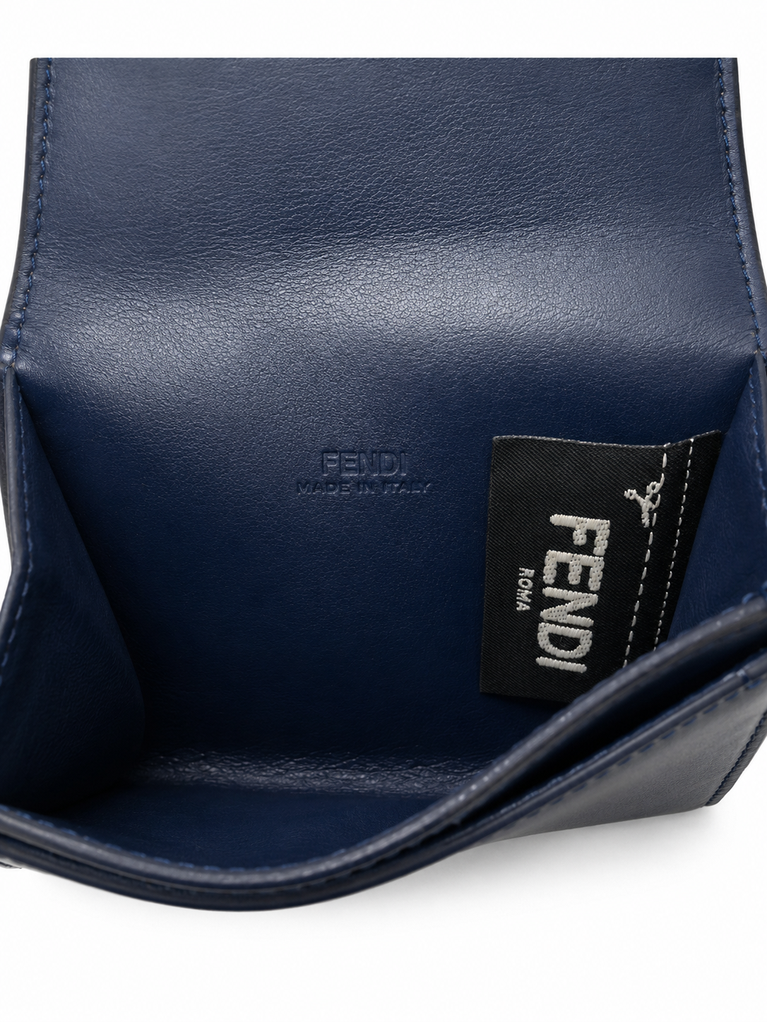 Authentic Fendi Kan I Compact Wallet Navy Blue Leather | Box