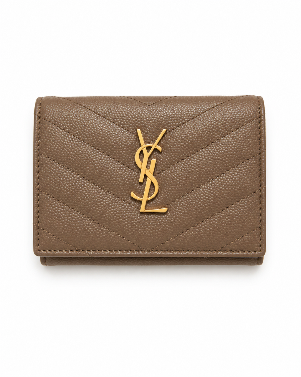 YSL Monogram Compact Trifold Wallet Taupe Grain de Poudre Leather GHW