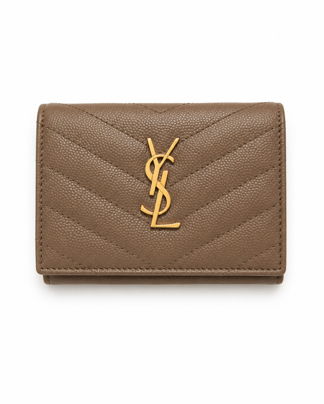 YSL Monogram Compact Trifold Wallet Taupe Grain de Poudre Leather GHW