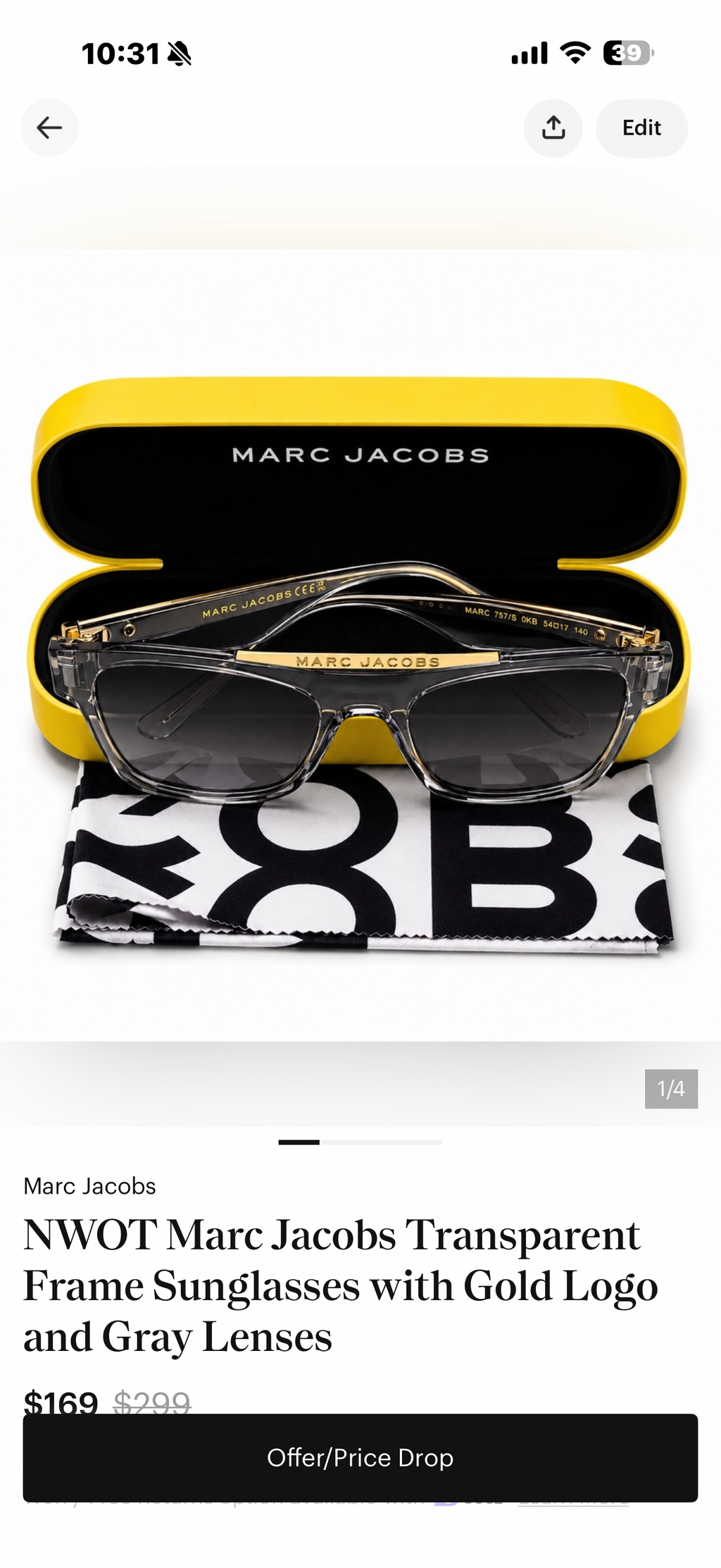 NWOT Marc Jacobs Transparent Frame Sunglasses with Gold Logo and Gray Lenses