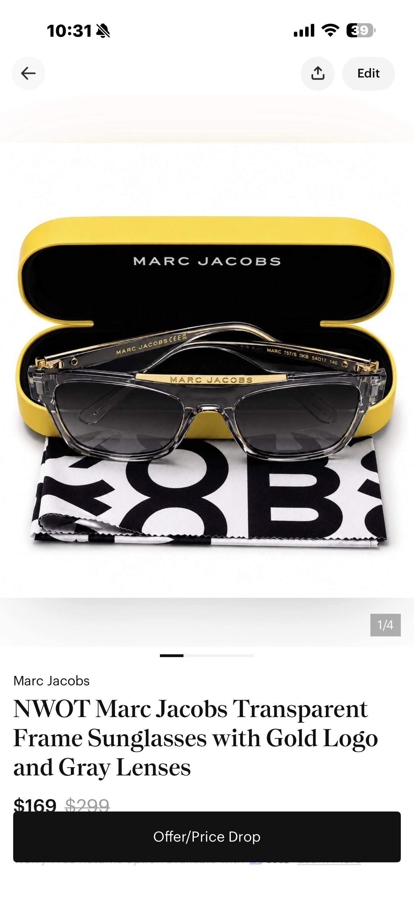 NWOT Marc Jacobs Transparent Frame Sunglasses with Gold Logo and Gray Lenses