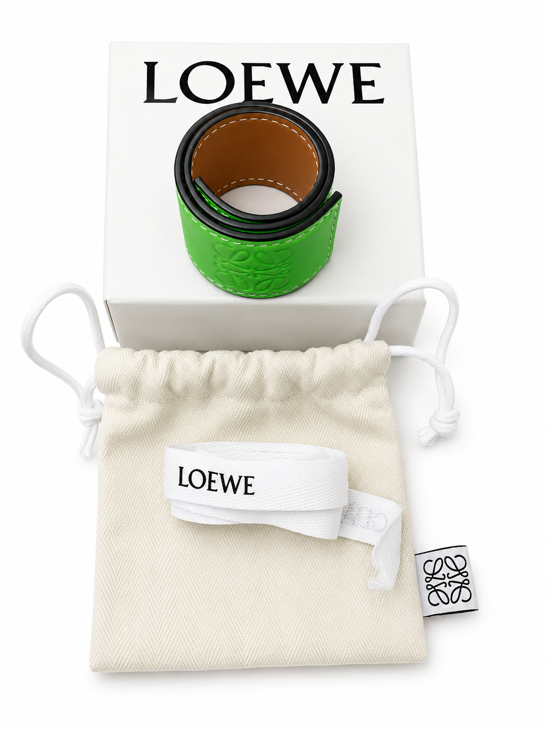 Authentic LOEWE Anagram Leather Cuff Bracelet Lime Green | Full Set