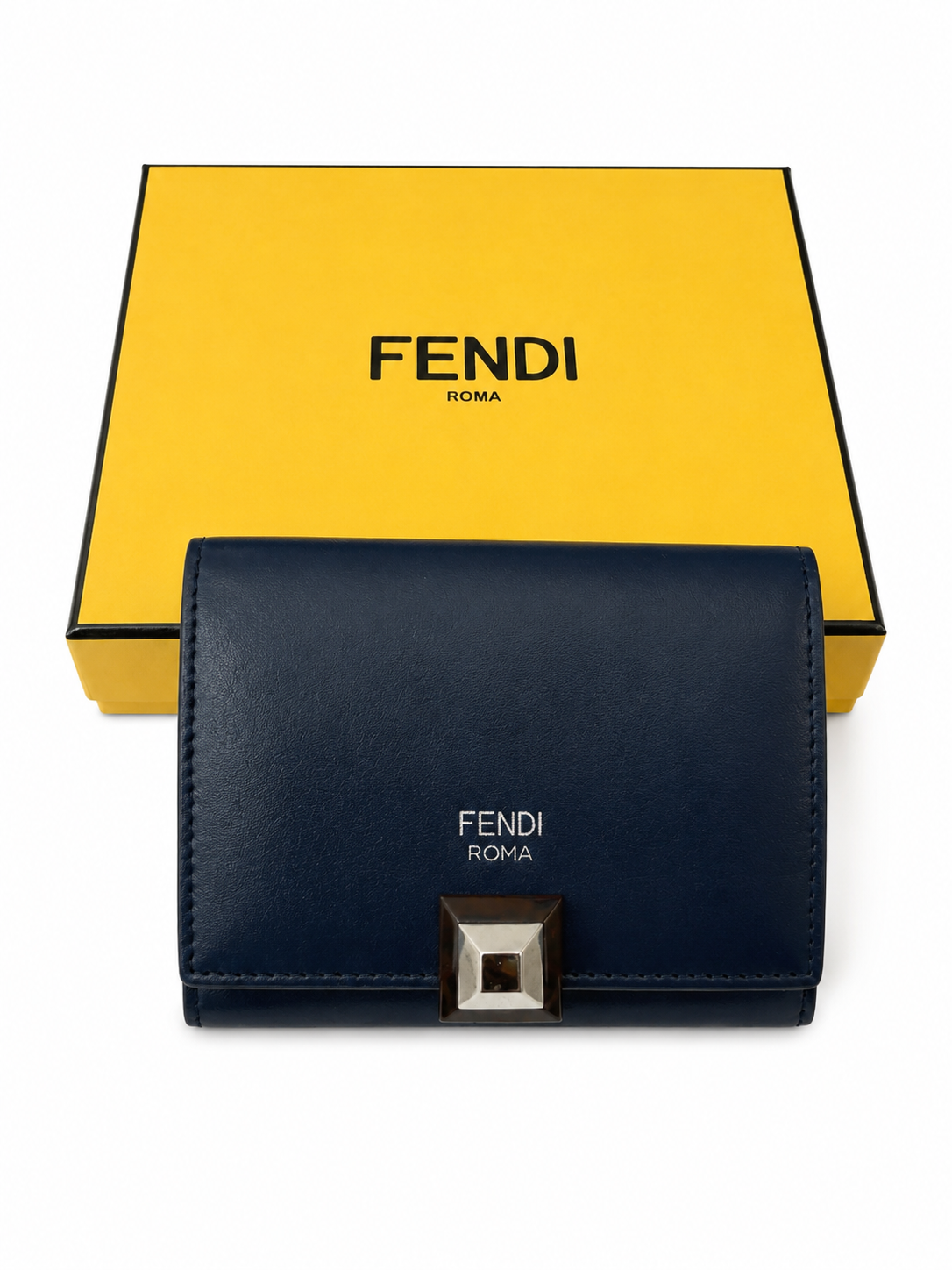 Authentic Fendi Kan I Compact Wallet Navy Blue Leather | Box