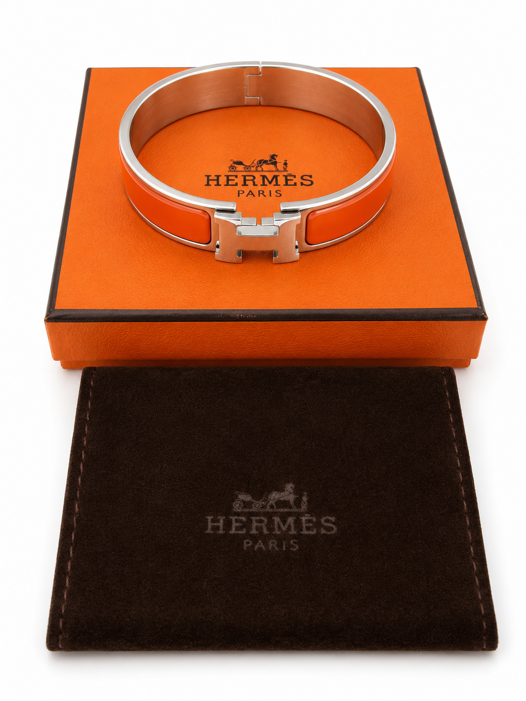 Hermès Clic H Bracelet PM Orange Enamel Palladium Plated with Box & Pouch