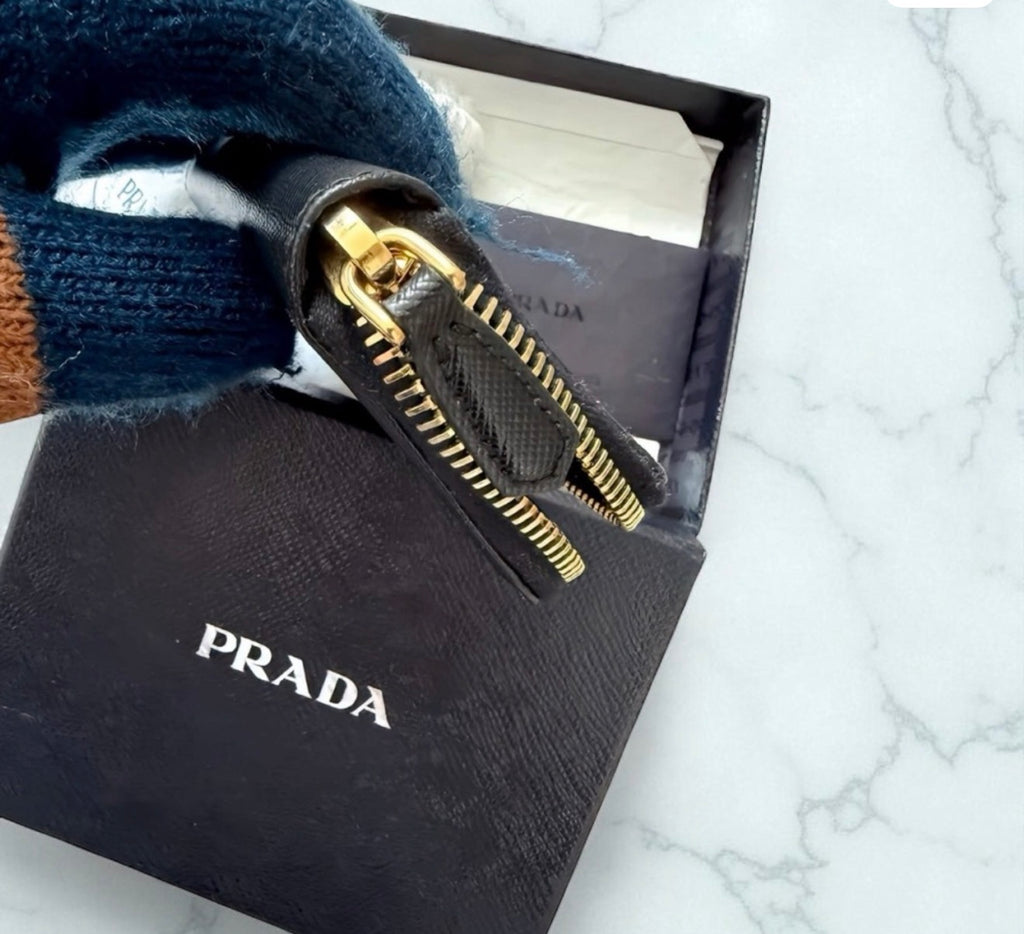 Prada Black saffiano Leather Zip around key Wallet