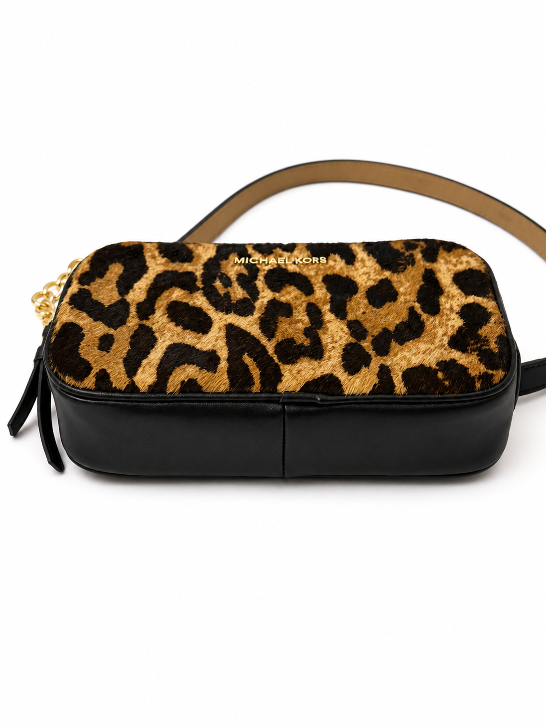 Michael Kors Leopard Calf Hair Belt Bag Waist Pack Crossbody Black Gold Chain