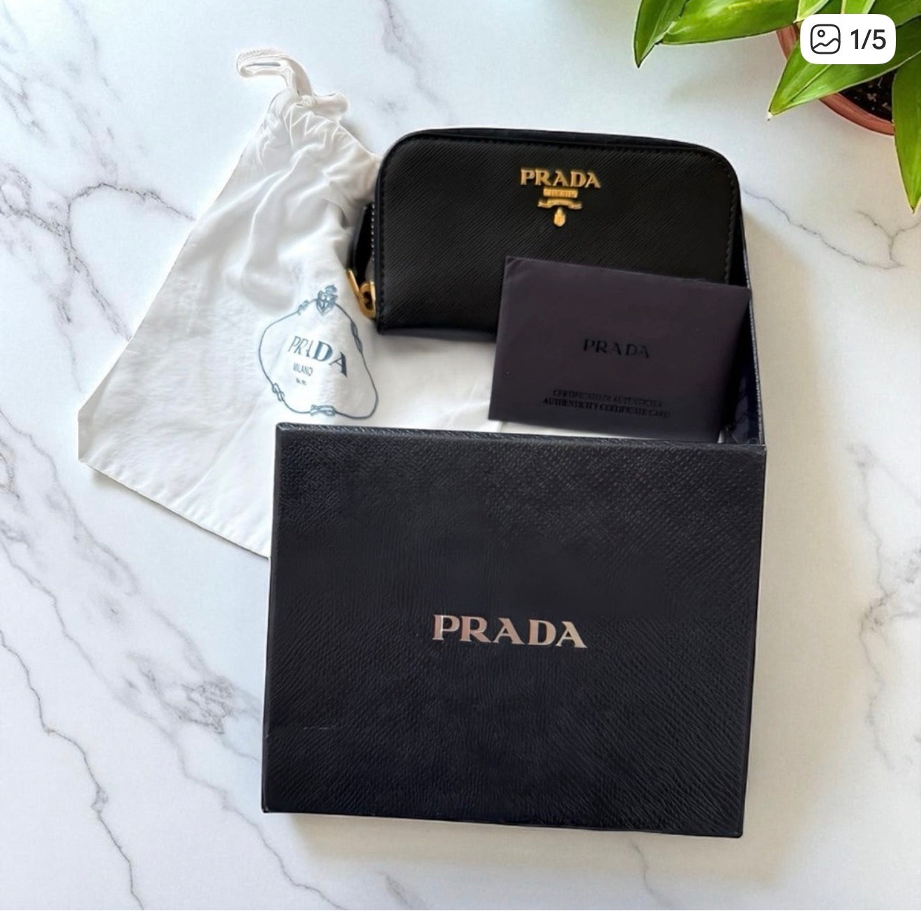 Prada Black saffiano Leather Zip around key Wallet