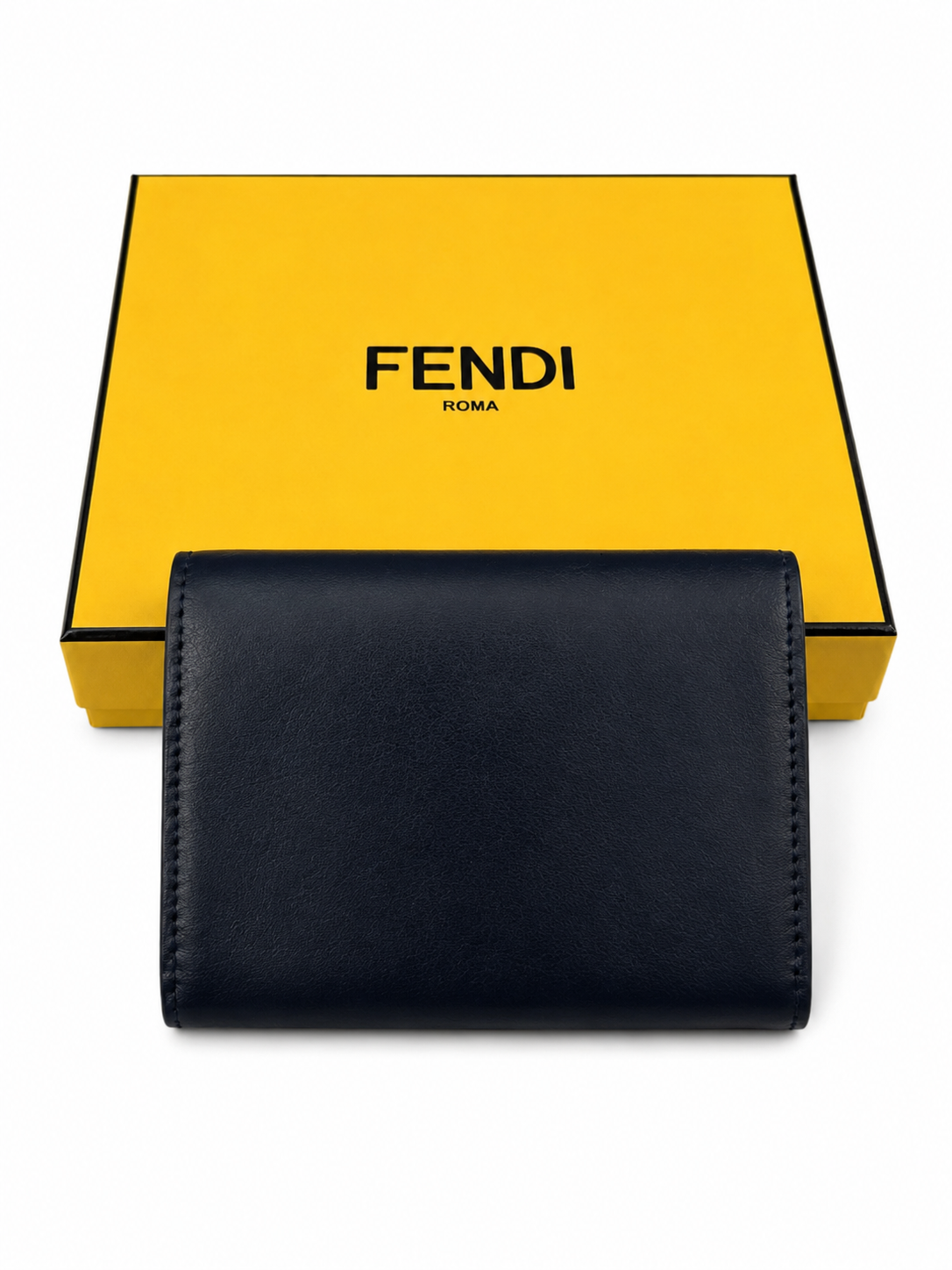 Authentic Fendi Kan I Compact Wallet Navy Blue Leather | Box