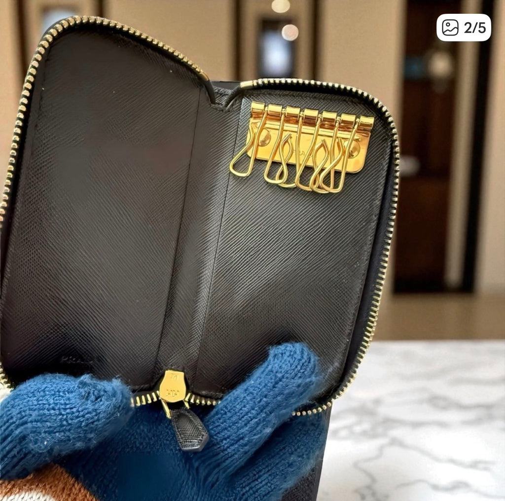 Prada Black saffiano Leather Zip around key Wallet