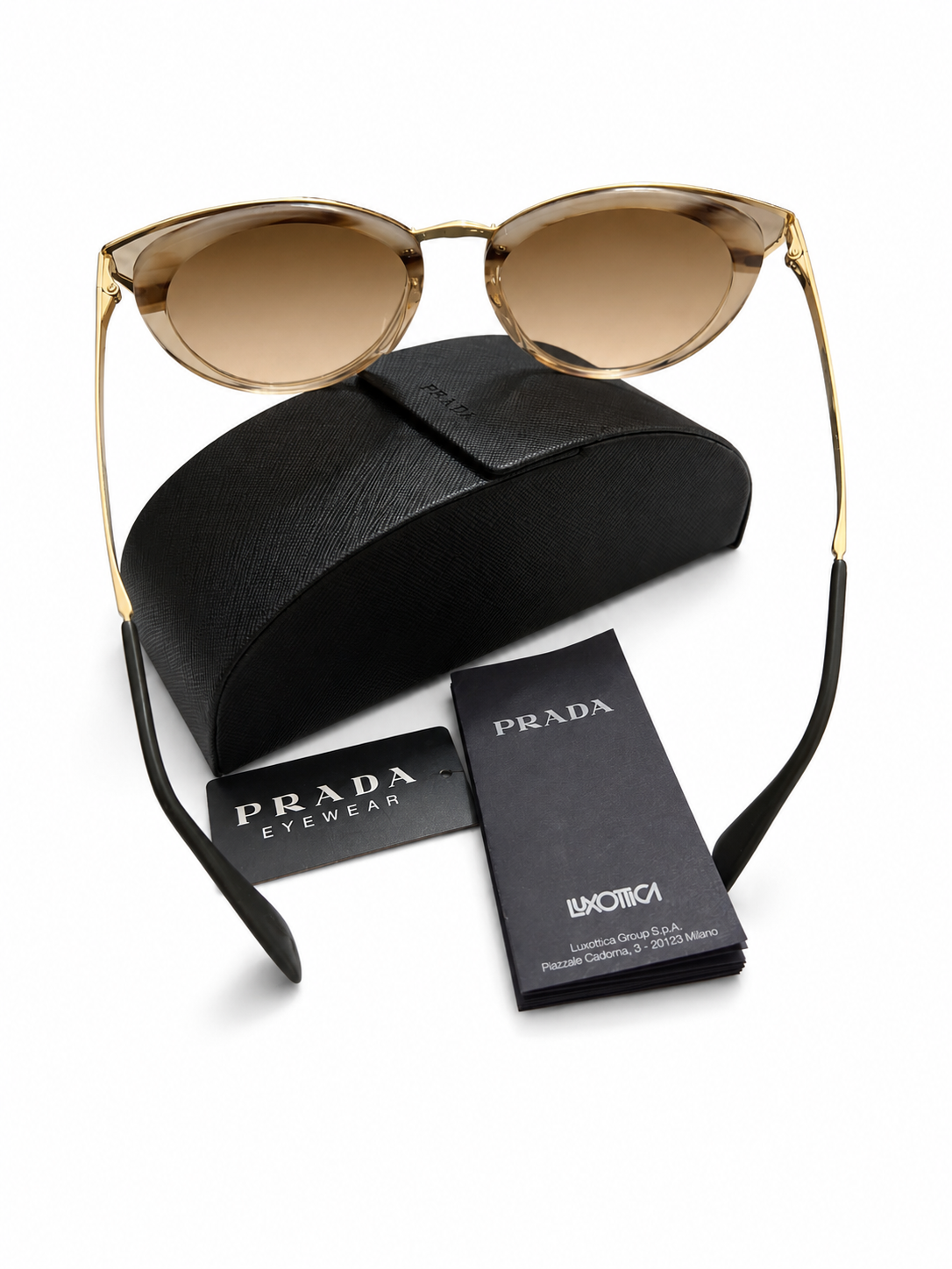 Prada SPR 66T-F Cat Eye Sunglasses Brown Gradient Gold Frame w/ Case & Card