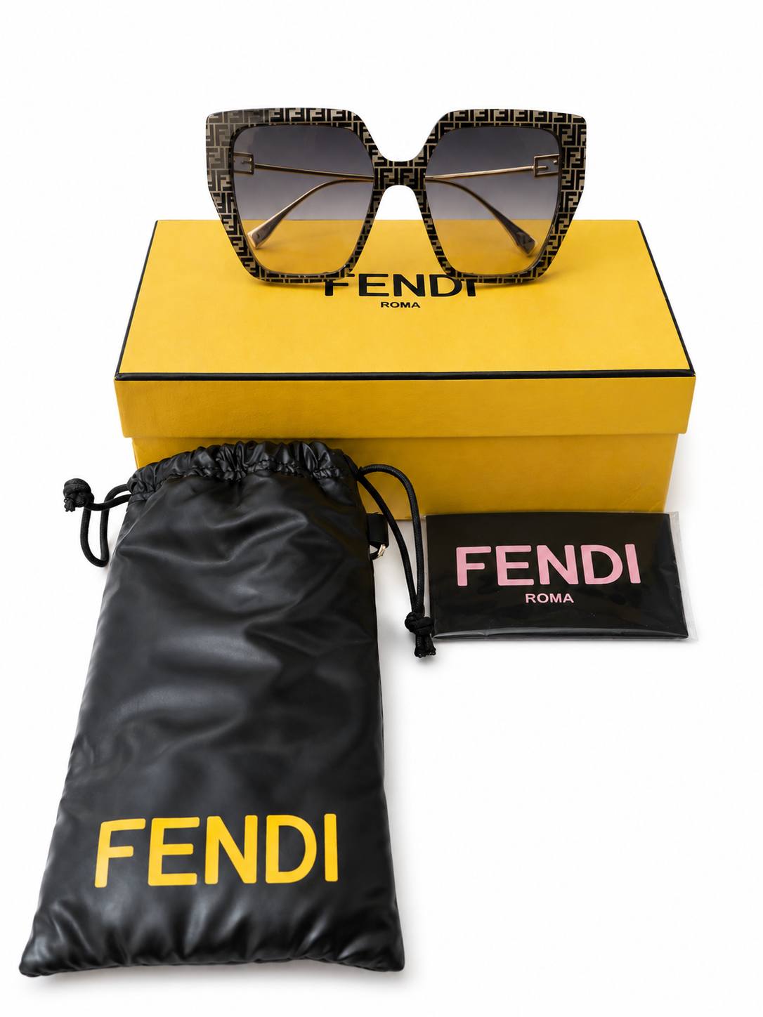 Fendi Black & Brown FF-Logo Square Sunglasses