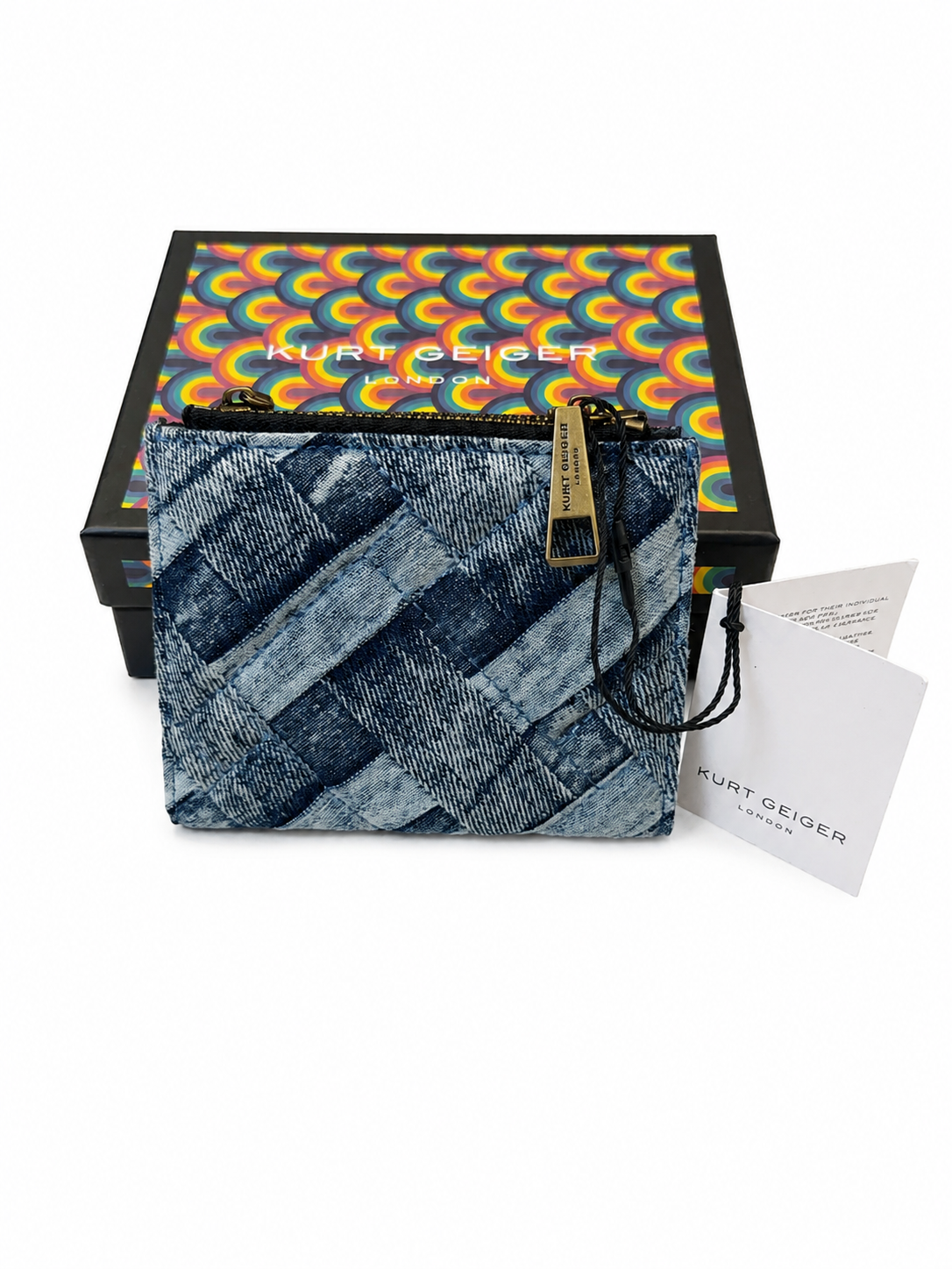 NWT Kurt Geiger London Denim Patchwork Zip Around Card Holder Wallet w/ Box