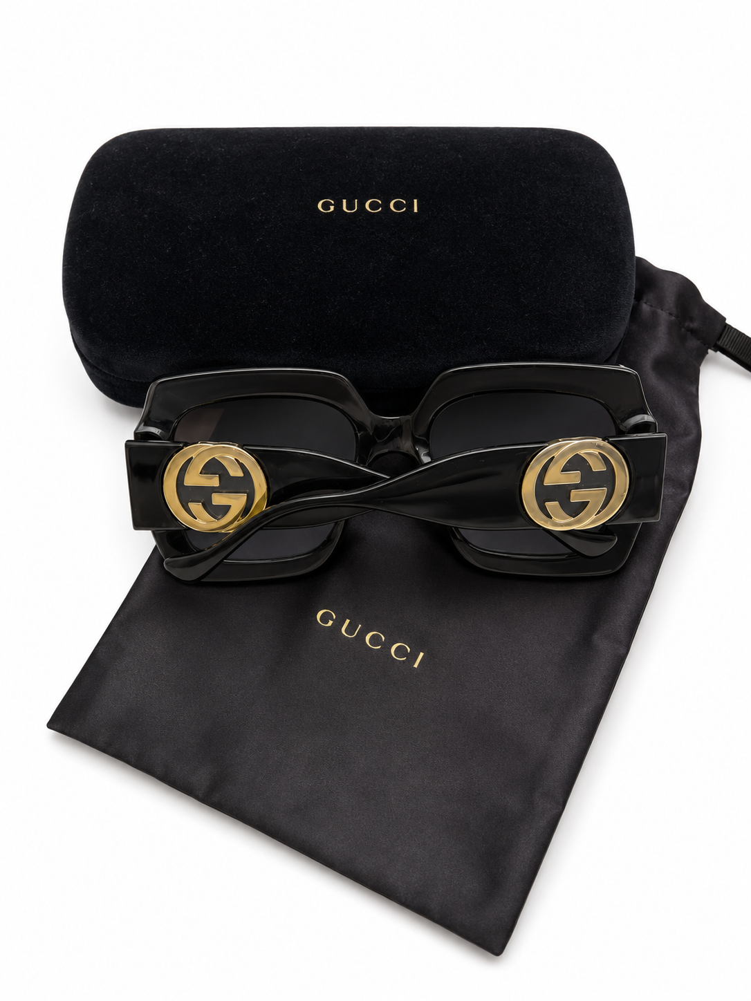 Gucci Women's Oversized Square Sunglasses in Black with Gold Logo