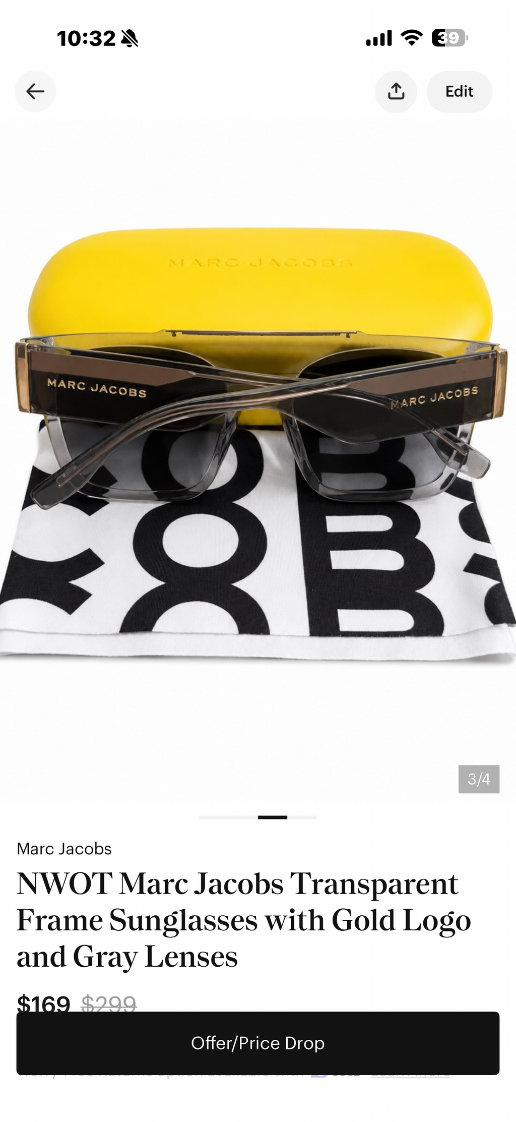 NWOT Marc Jacobs Transparent Frame Sunglasses with Gold Logo and Gray Lenses