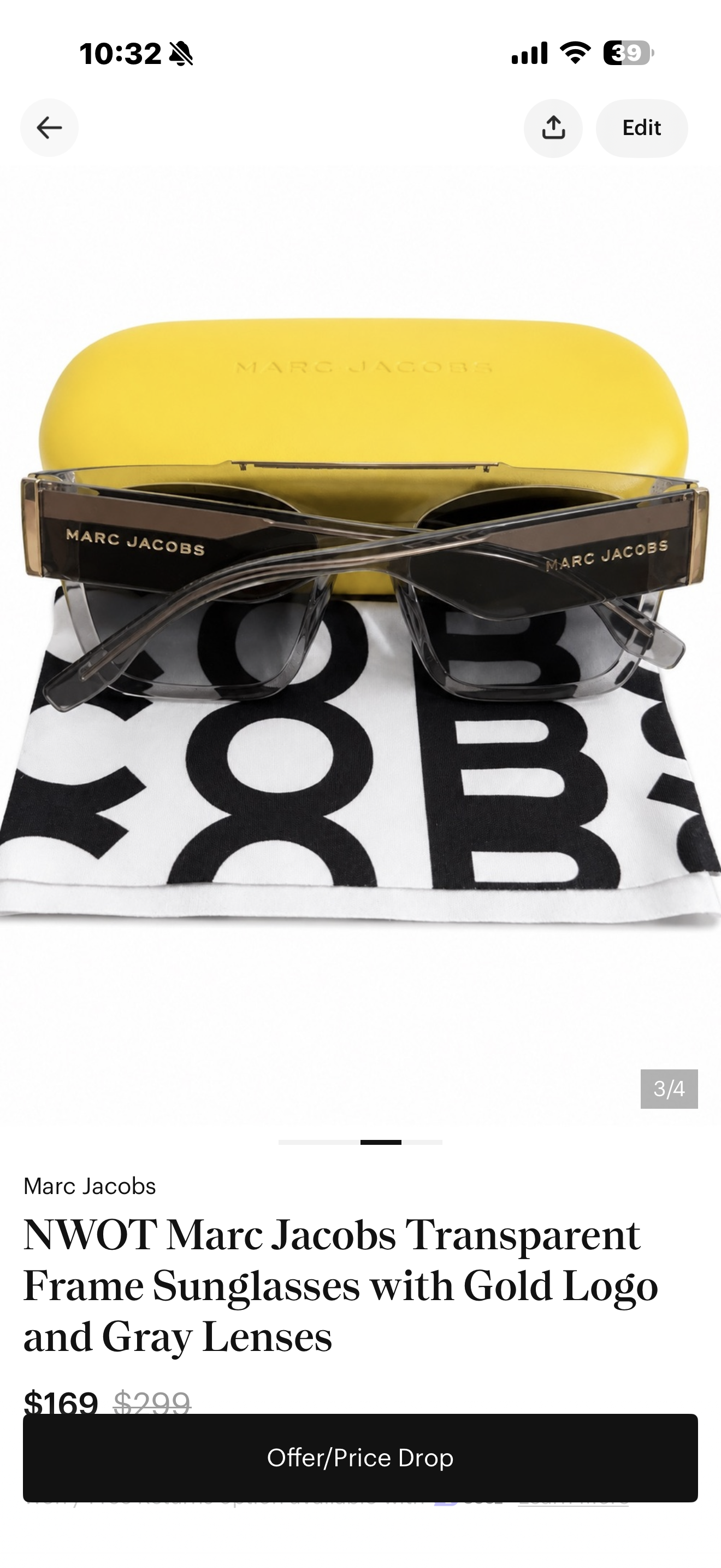 NWOT Marc Jacobs Transparent Frame Sunglasses with Gold Logo and Gray Lenses