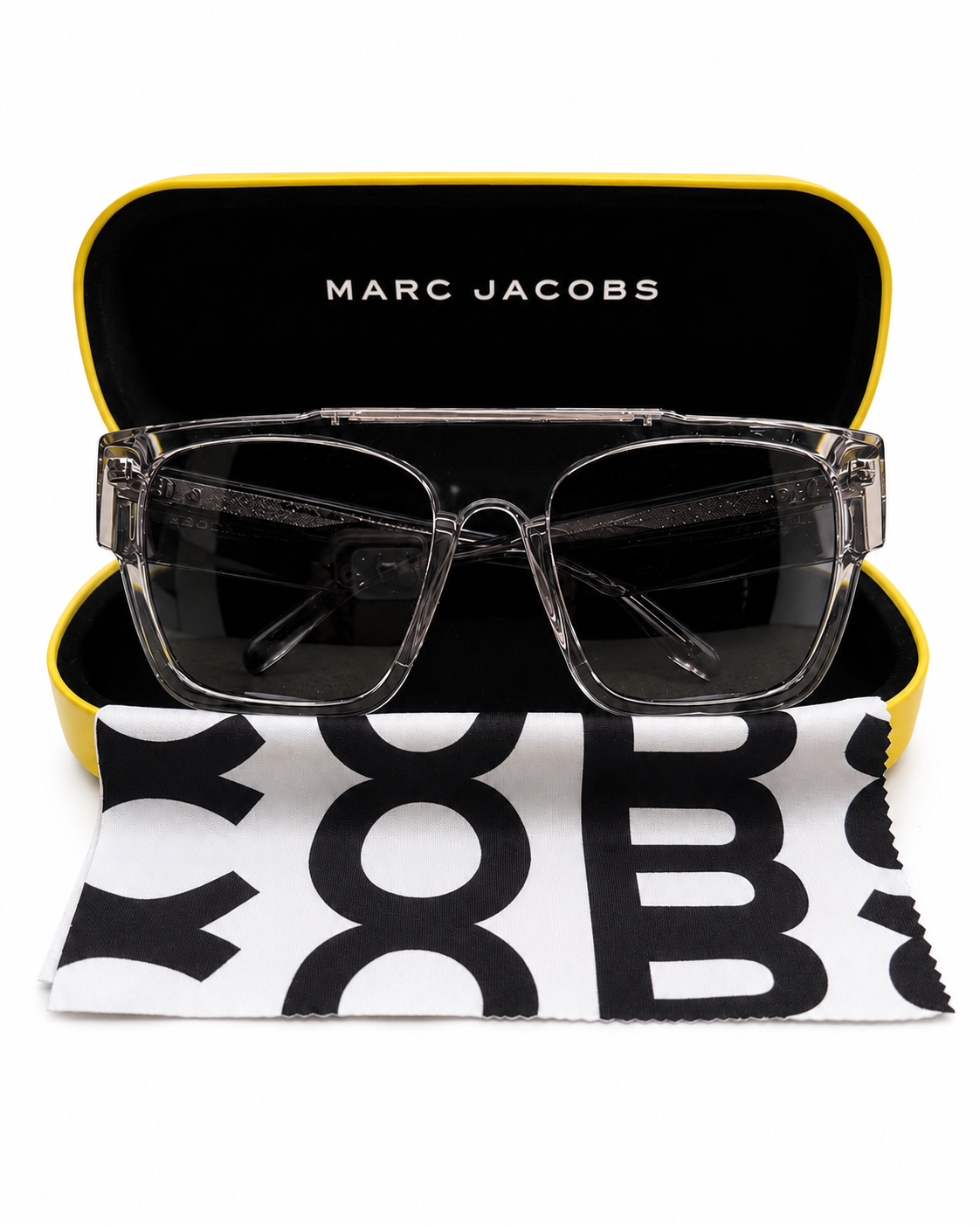 Marc Jacobs Transparent Frame Sunglasses with Gold Logo and Gray Lenses
