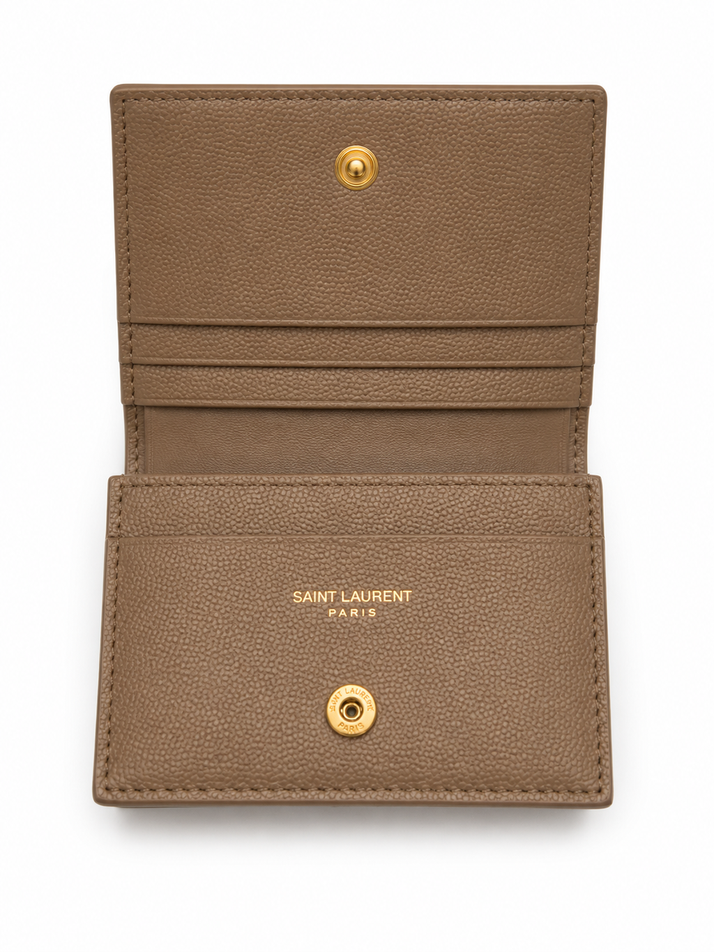 YSL Monogram Compact Trifold Wallet Taupe Grain de Poudre Leather GHW