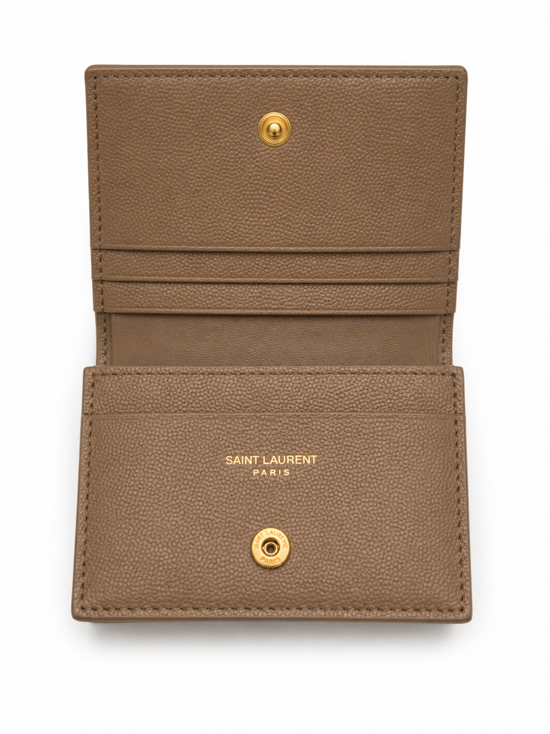 YSL Monogram Compact Trifold Wallet Taupe Grain de Poudre Leather GHW