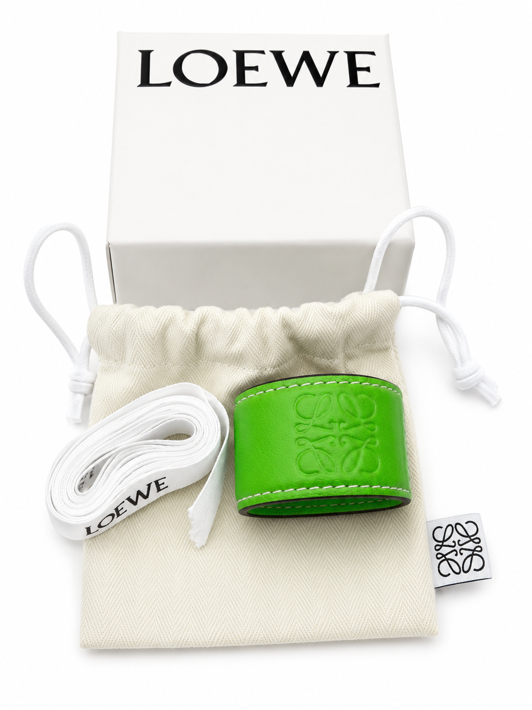 Authentic LOEWE Anagram Leather Cuff Bracelet Lime Green | Full Set
