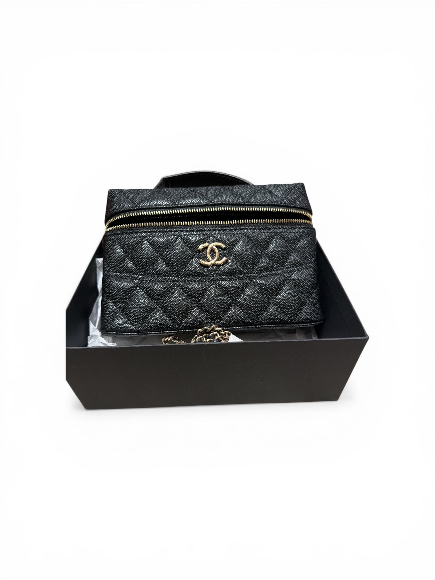 CHANEL Beauty Black Quilted Leather Crossbody with Gold Chain and CC Logo