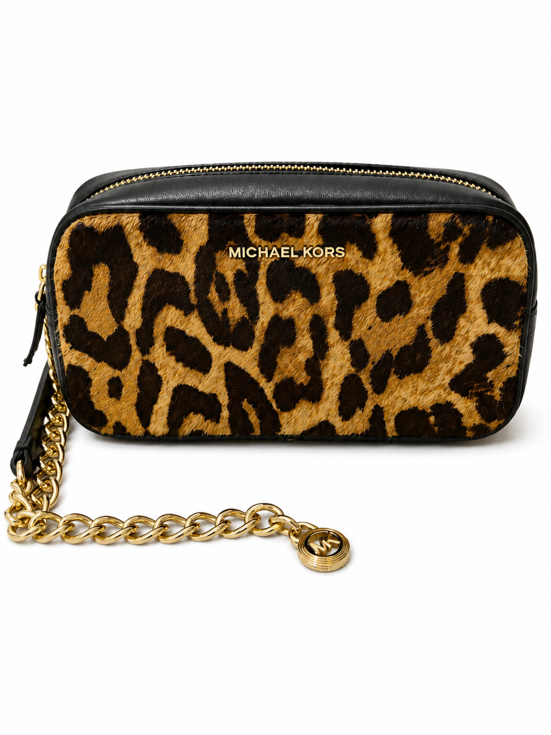 Michael Kors Leopard Calf Hair Belt Bag Waist Pack Crossbody Black Gold Chain