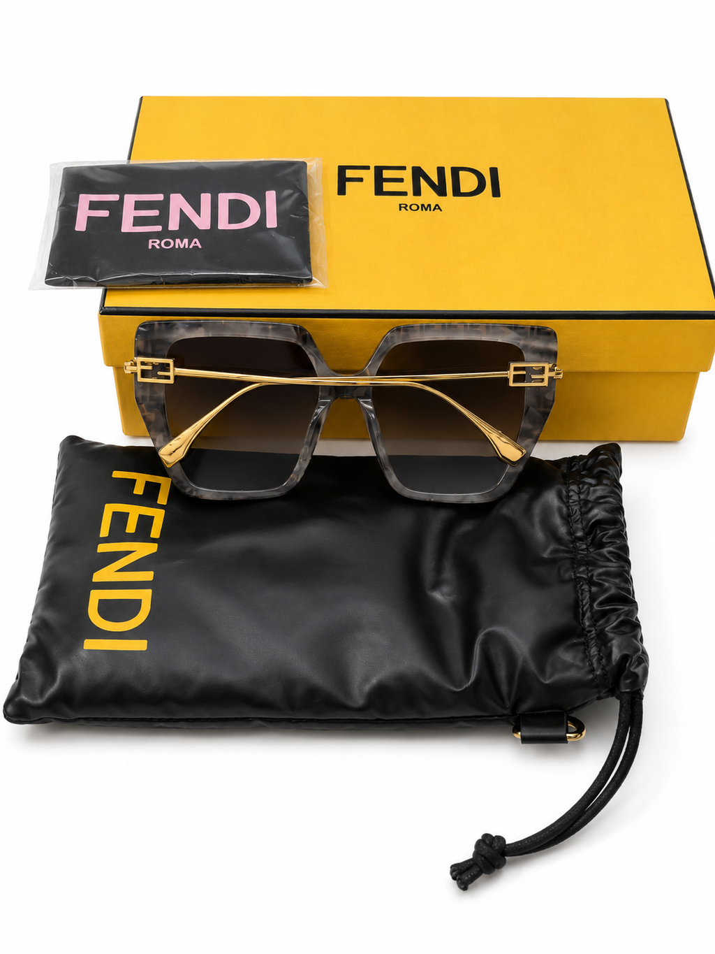 Fendi Black & Brown FF-Logo Square Sunglasses