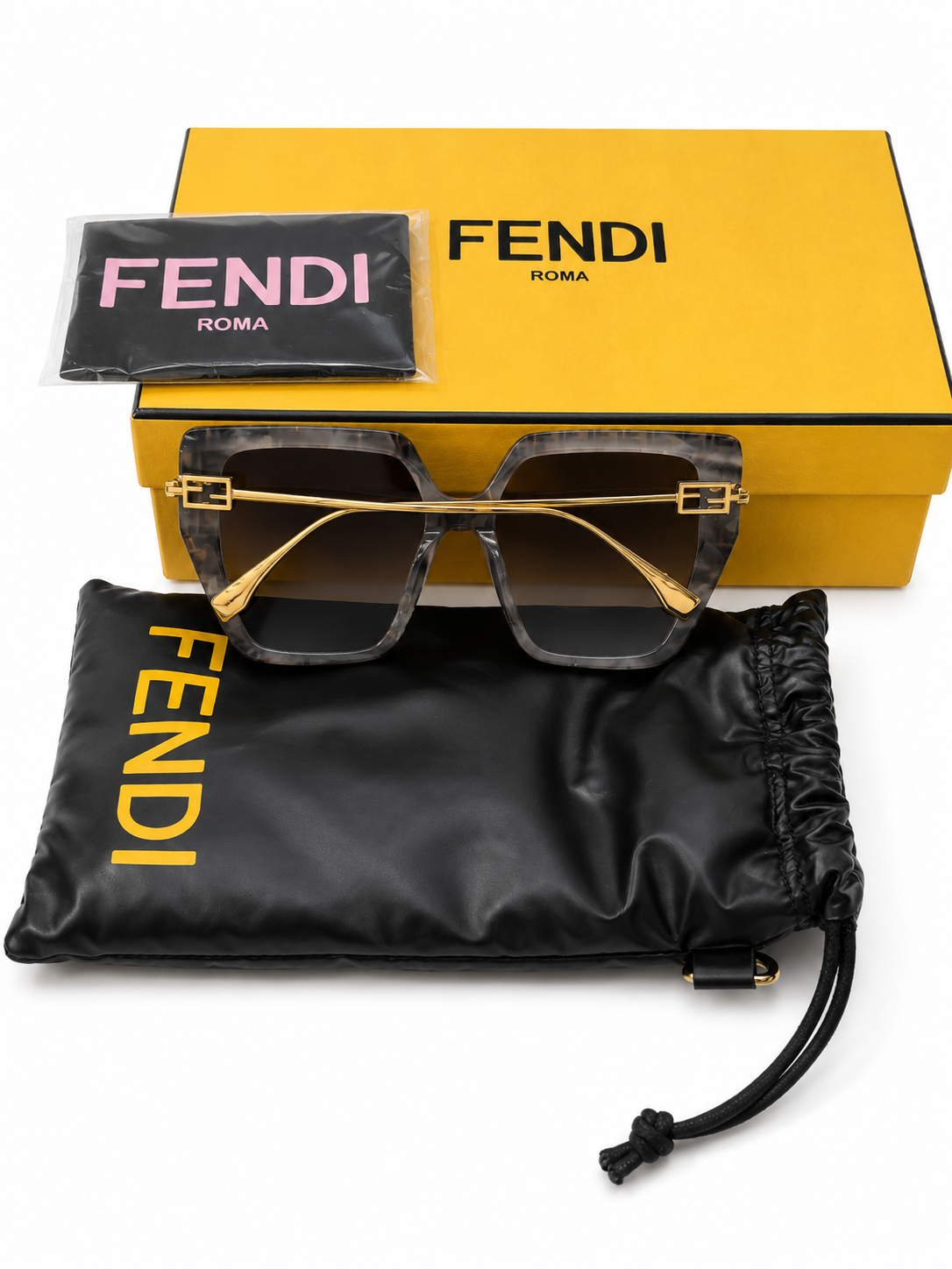 Fendi Black & Brown FF-Logo Square Sunglasses