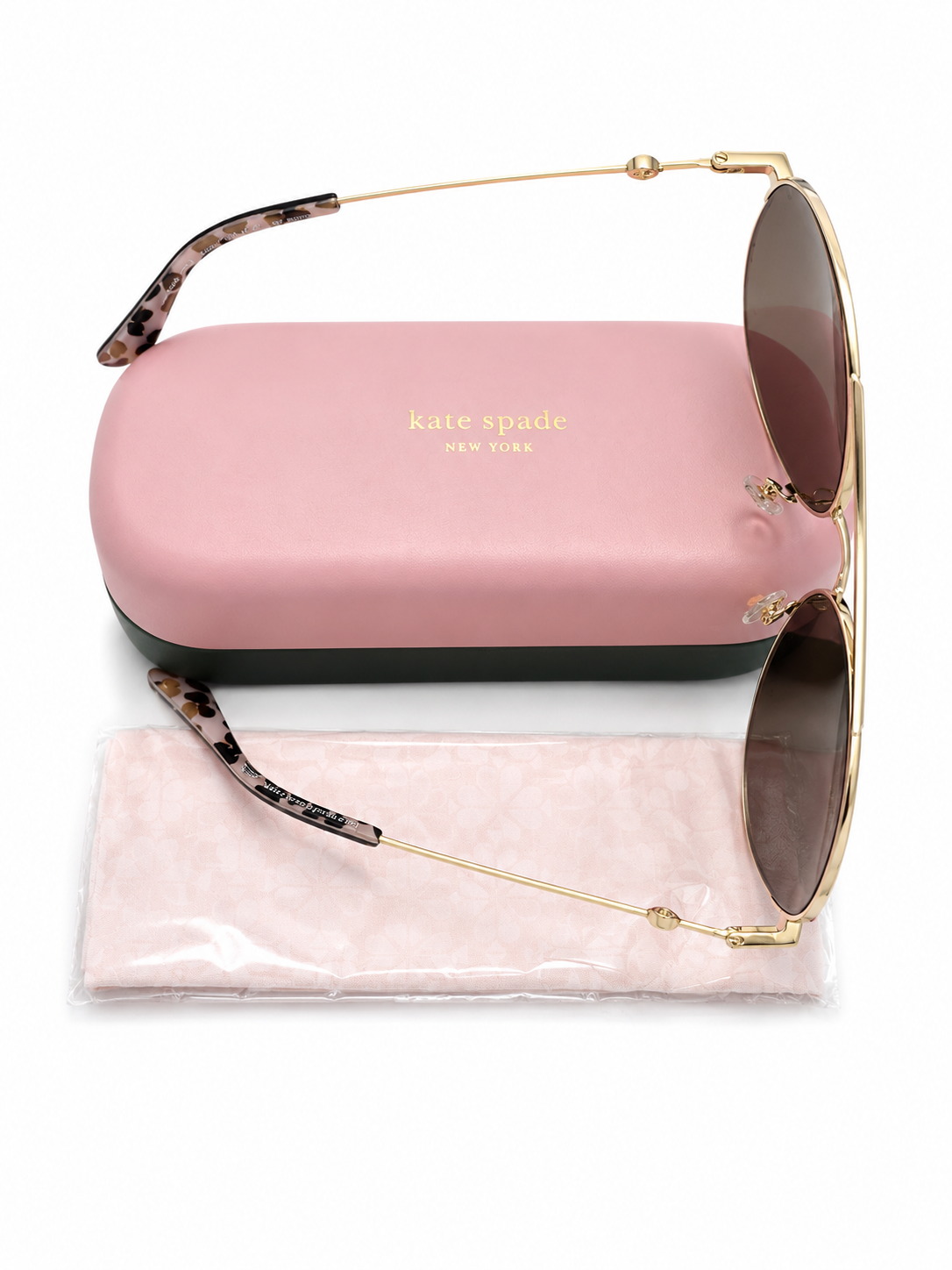 kate spade Gold-Tone Aviator Sunglasses with Dark Smoke Lenses and Pink Case