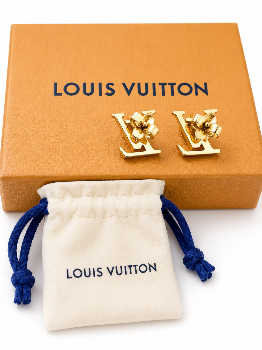 Authentic Louis Vuitton LV Iconic Gold Tone Stud Earrings w/ Box, Dust Bag & COA