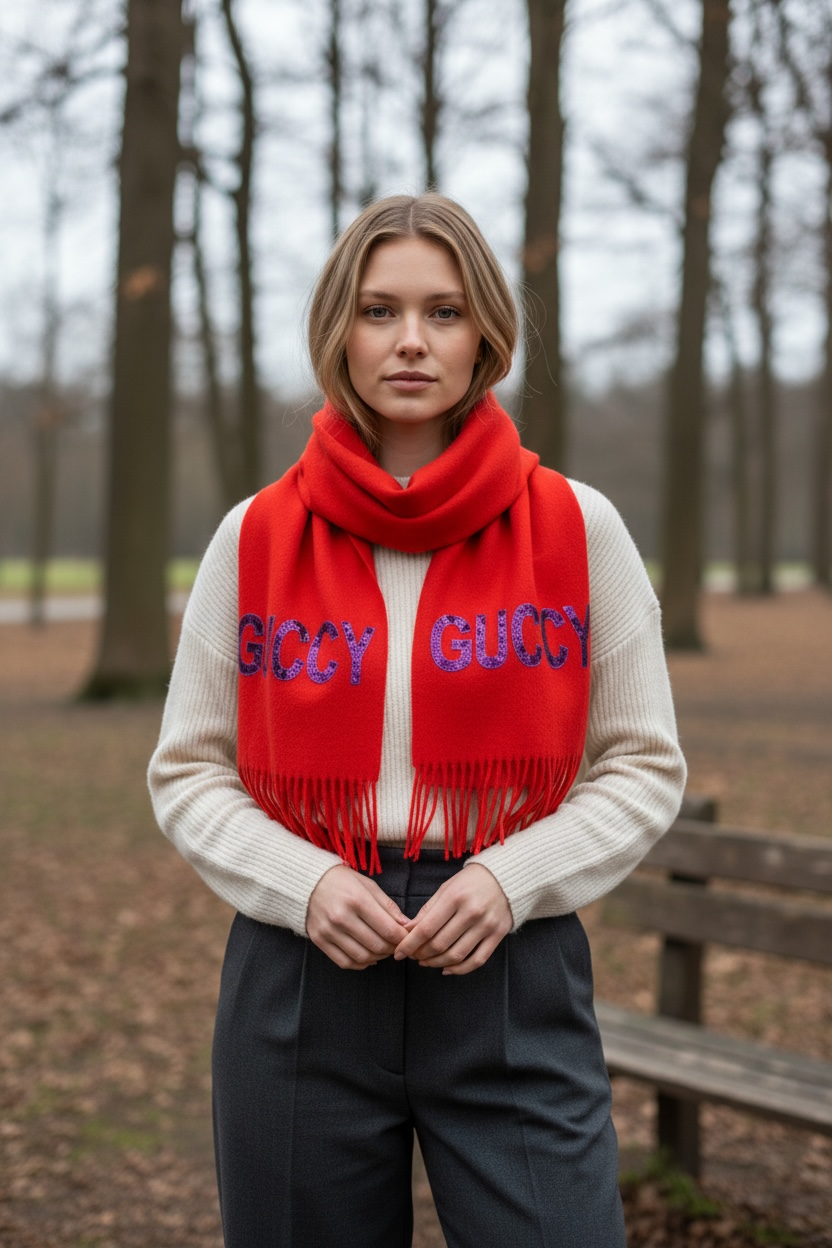 Gucci Red Cashmere Scarf with purple sequins logo