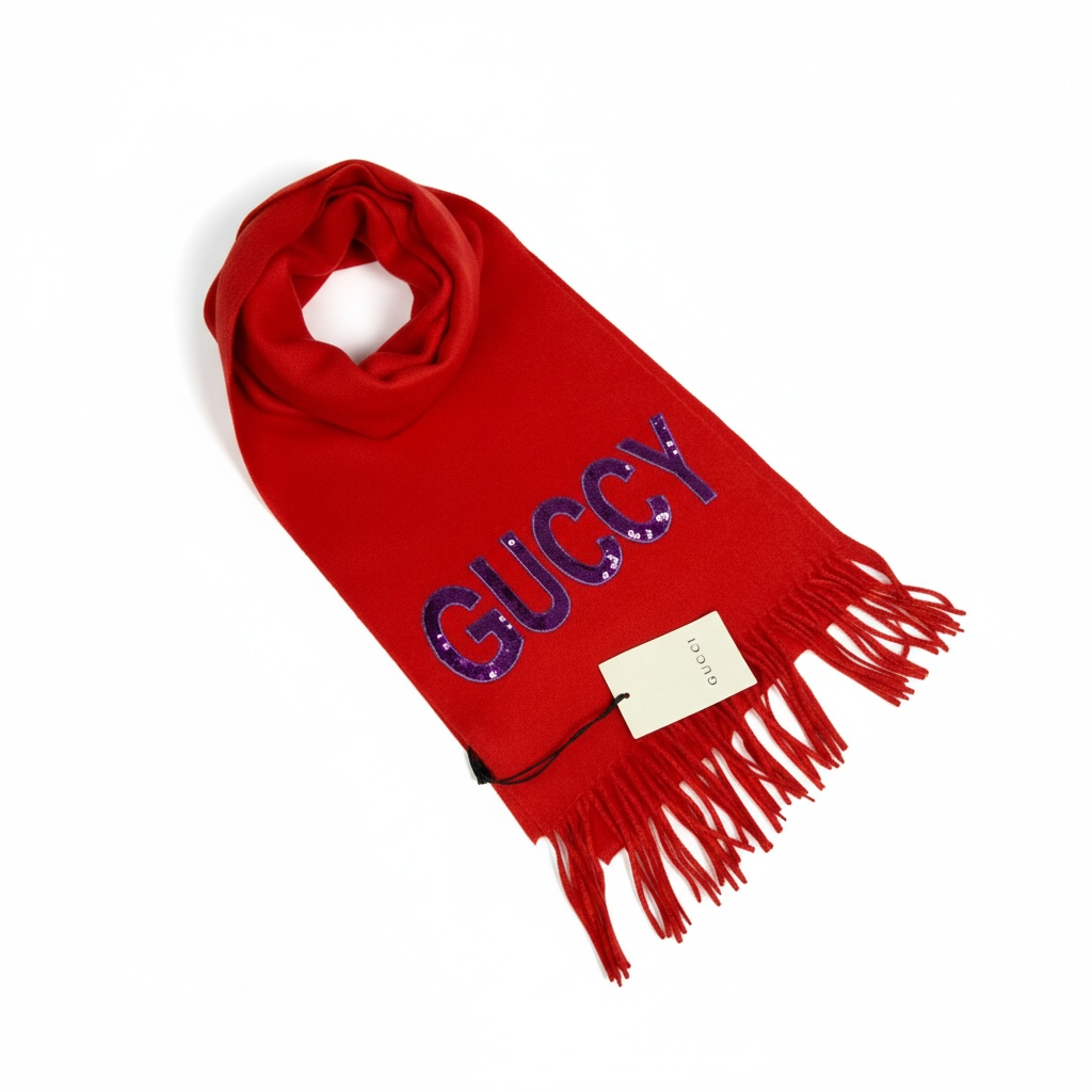 Gucci Red Cashmere Scarf with purple sequins logo
